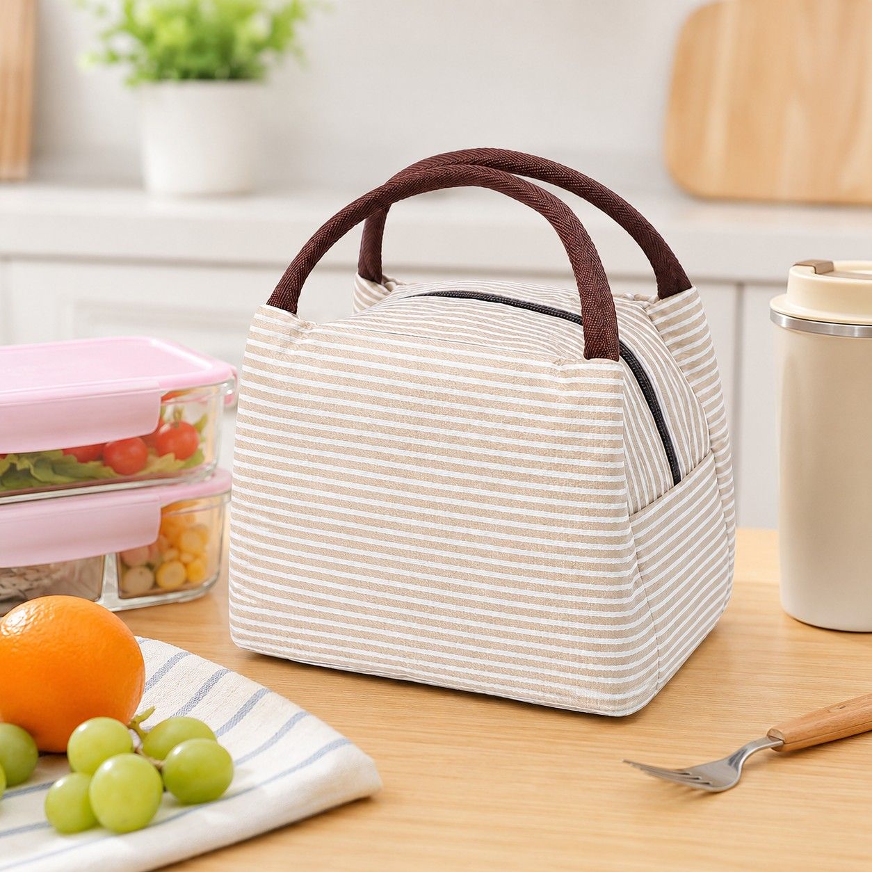 Insulated Striped Lunch Bag Reusable Soft Cooler Tote for Work School Picnic