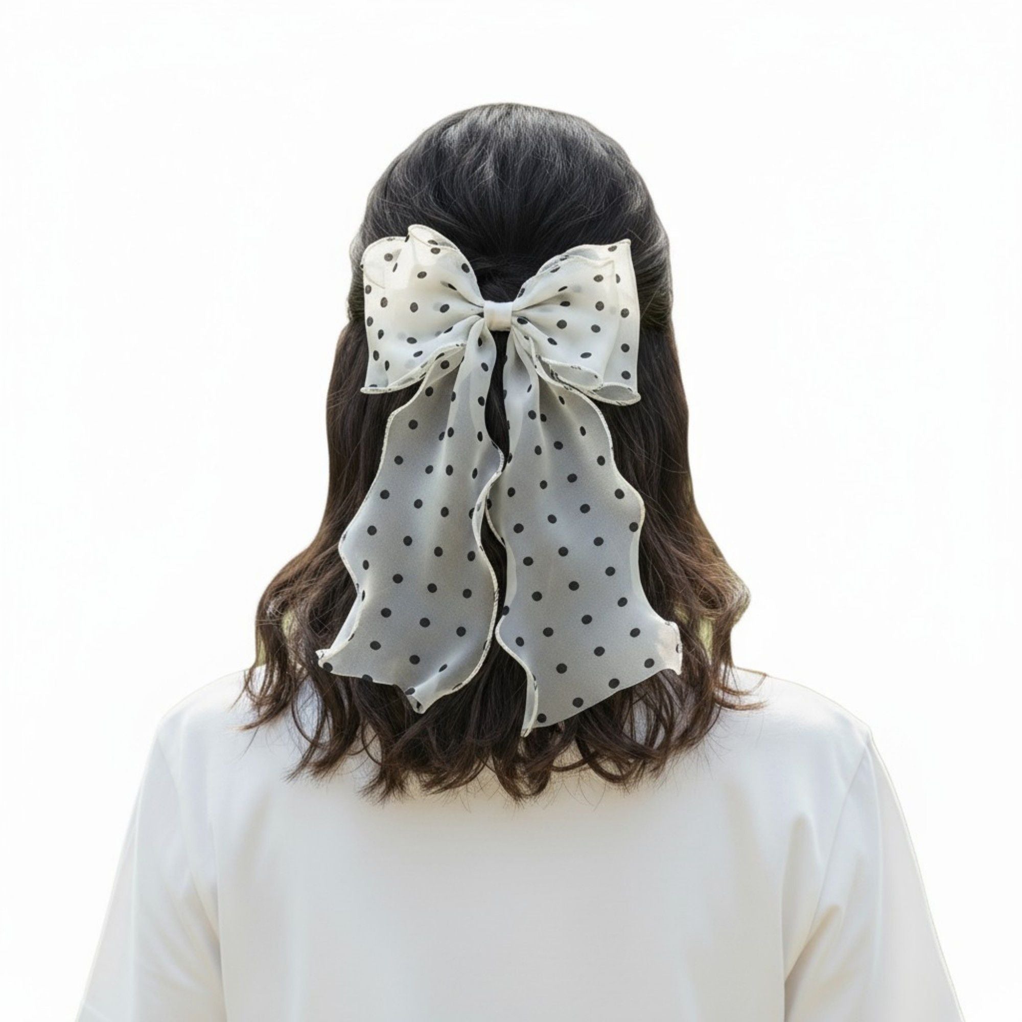 Polka Dot Chiffon Bow Hair Clip with Flowing Ribbon Tails and Lightweight Sheer Fabric