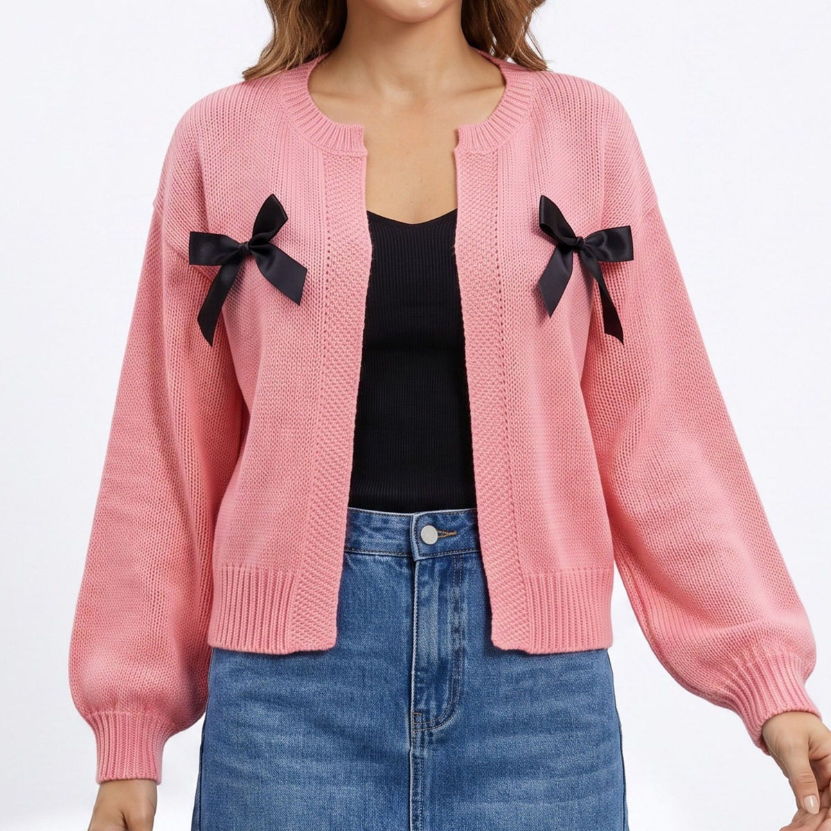 Bow Detail Open Front Knit Cardigan Sweater
