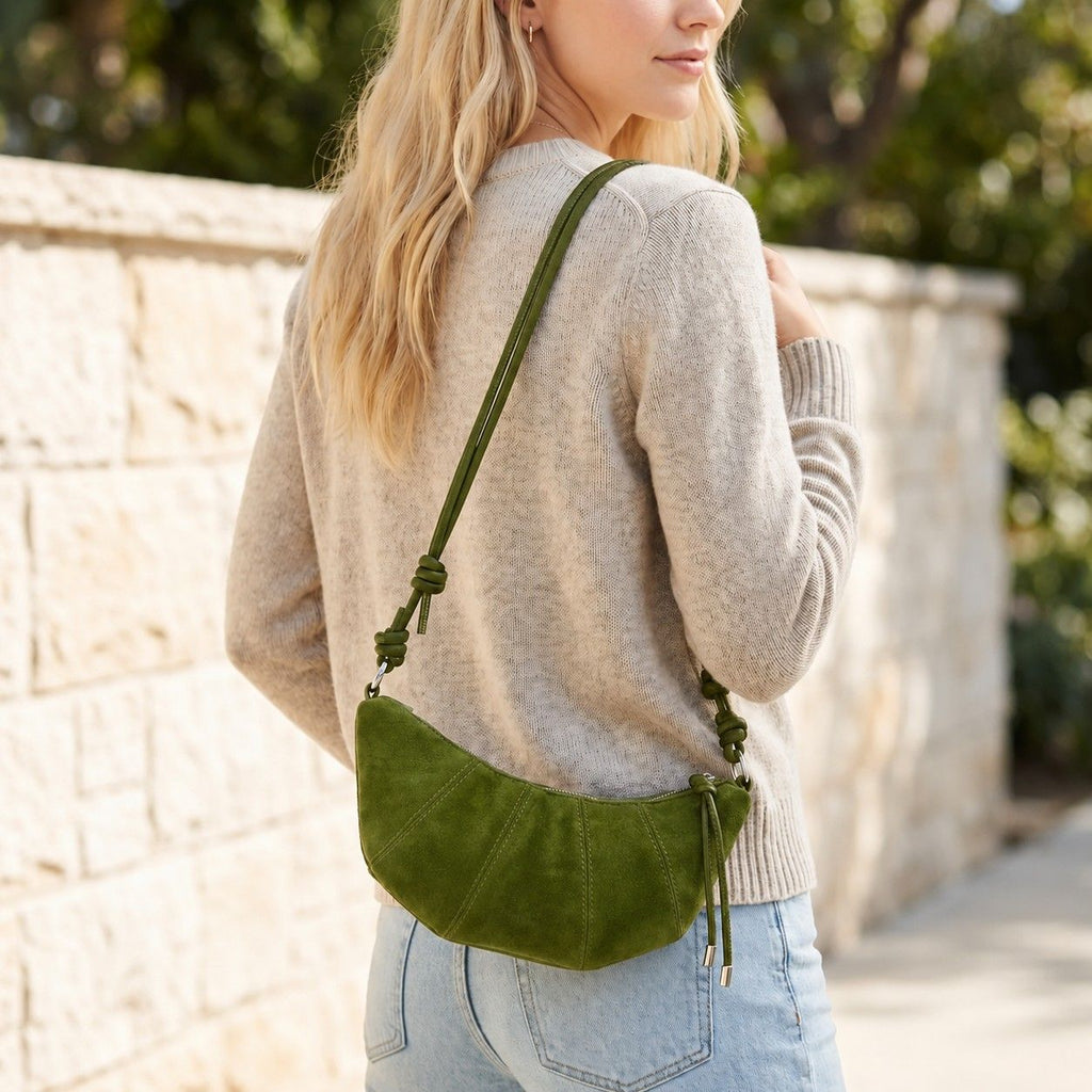 Soft Faux Suede Crossbody Shoulder Bag Adjustable Strap Compact Everyday Crescent Purse