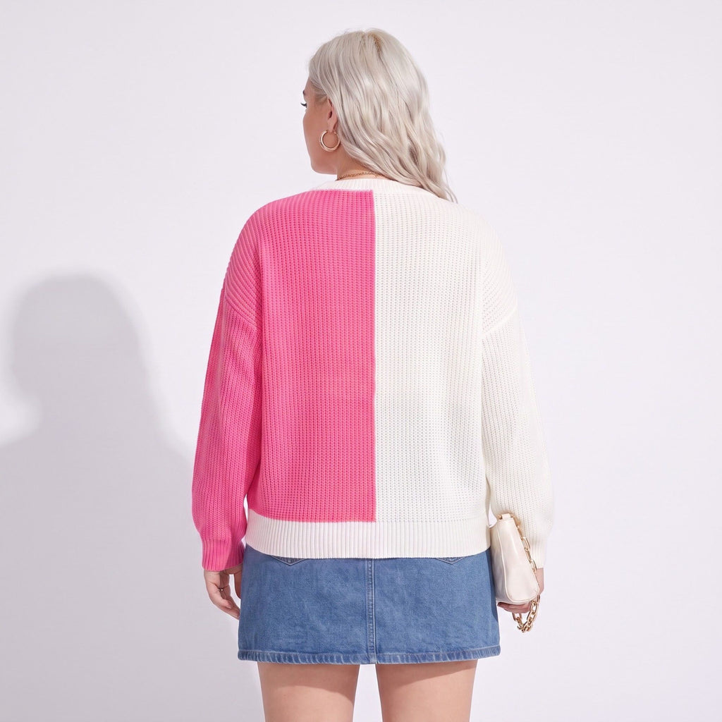 Plus Size Heart Colorblock Crewneck Sweater