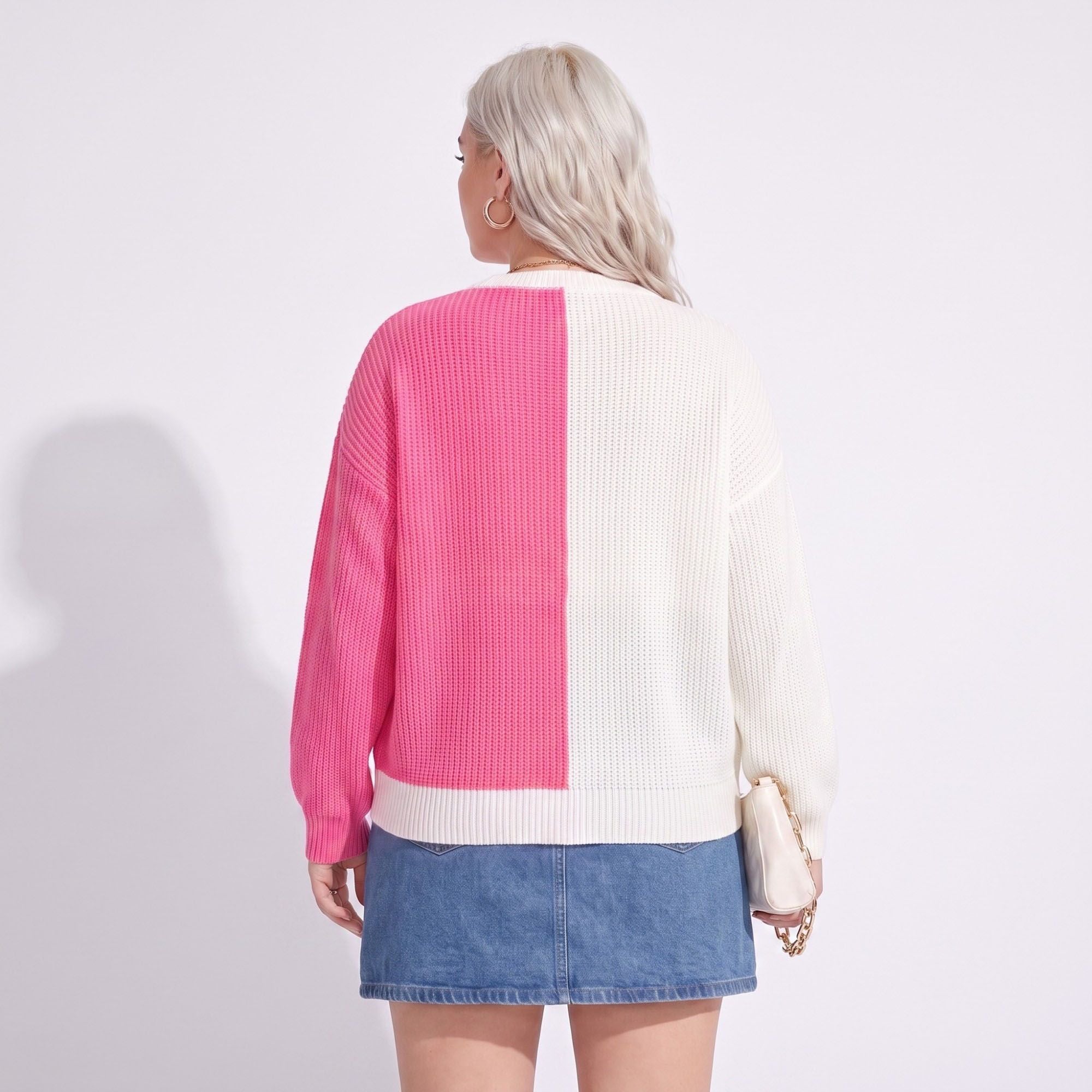 Plus Size Heart Colorblock Crewneck Sweater