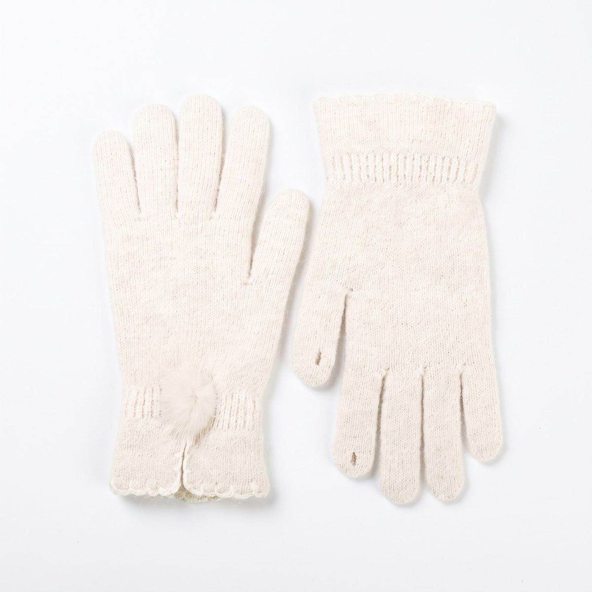 Pom Pom Knit Full Finger Gloves with Scalloped Cuff