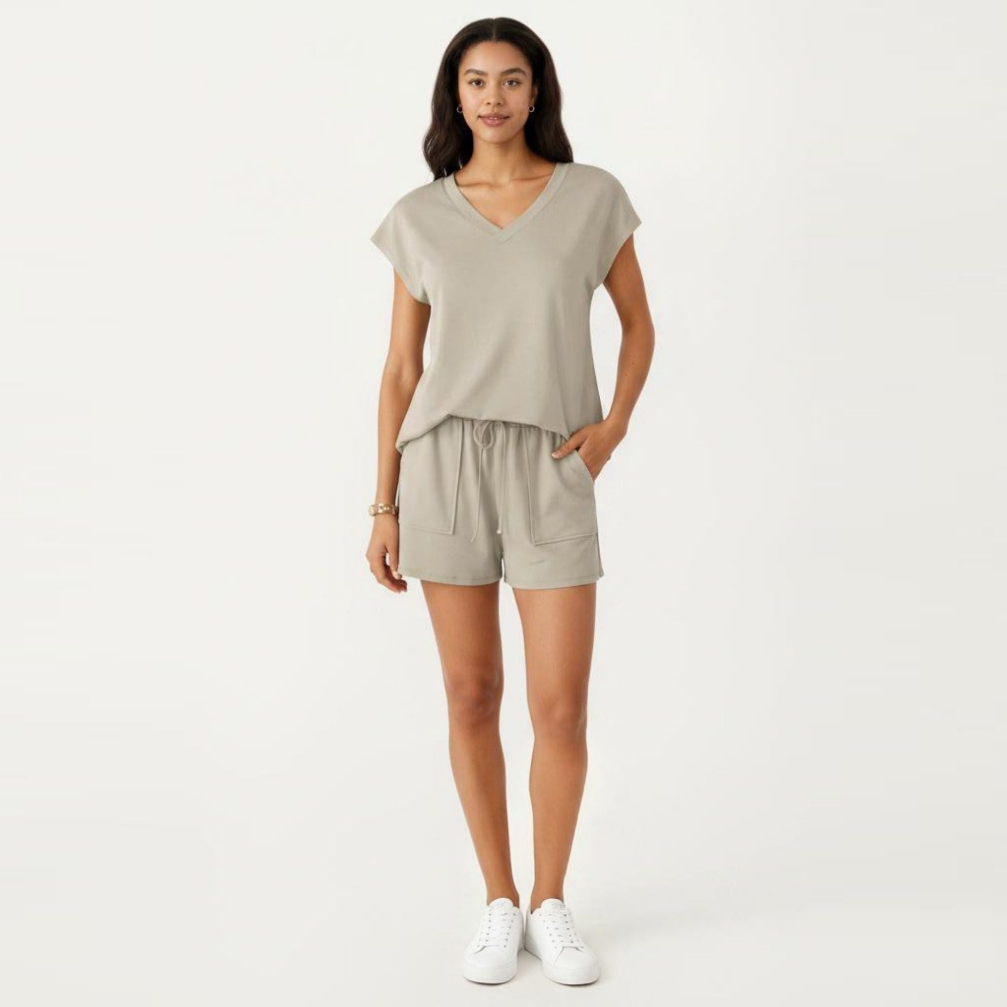 Anna-Kaci Women's 2-Piece Set Short Sleeve V Neck Top and Drawstring Shorts with Pockets Relaxed Fit Lounge Set