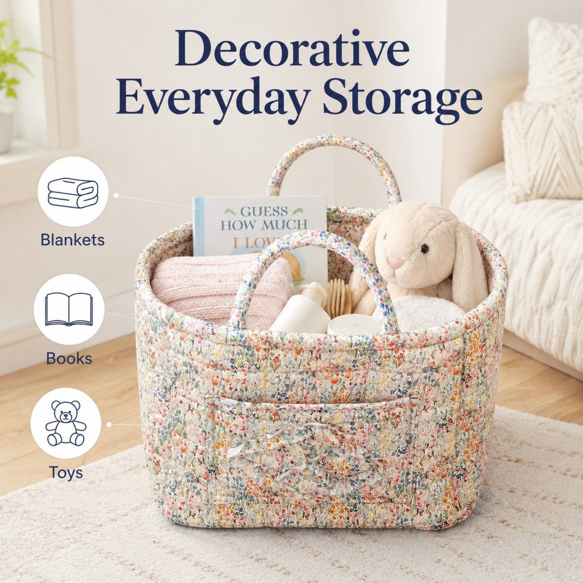 Quilted Floral Storage Caddy with Handles for Dorm Bathroom Vanity and Laundry Room