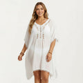 Anna-Kaci Women's Swim Cover Up Dress with Crochet Cutout Neckline Pom Trim Hem Loose Short Sleeves Relaxed Fit