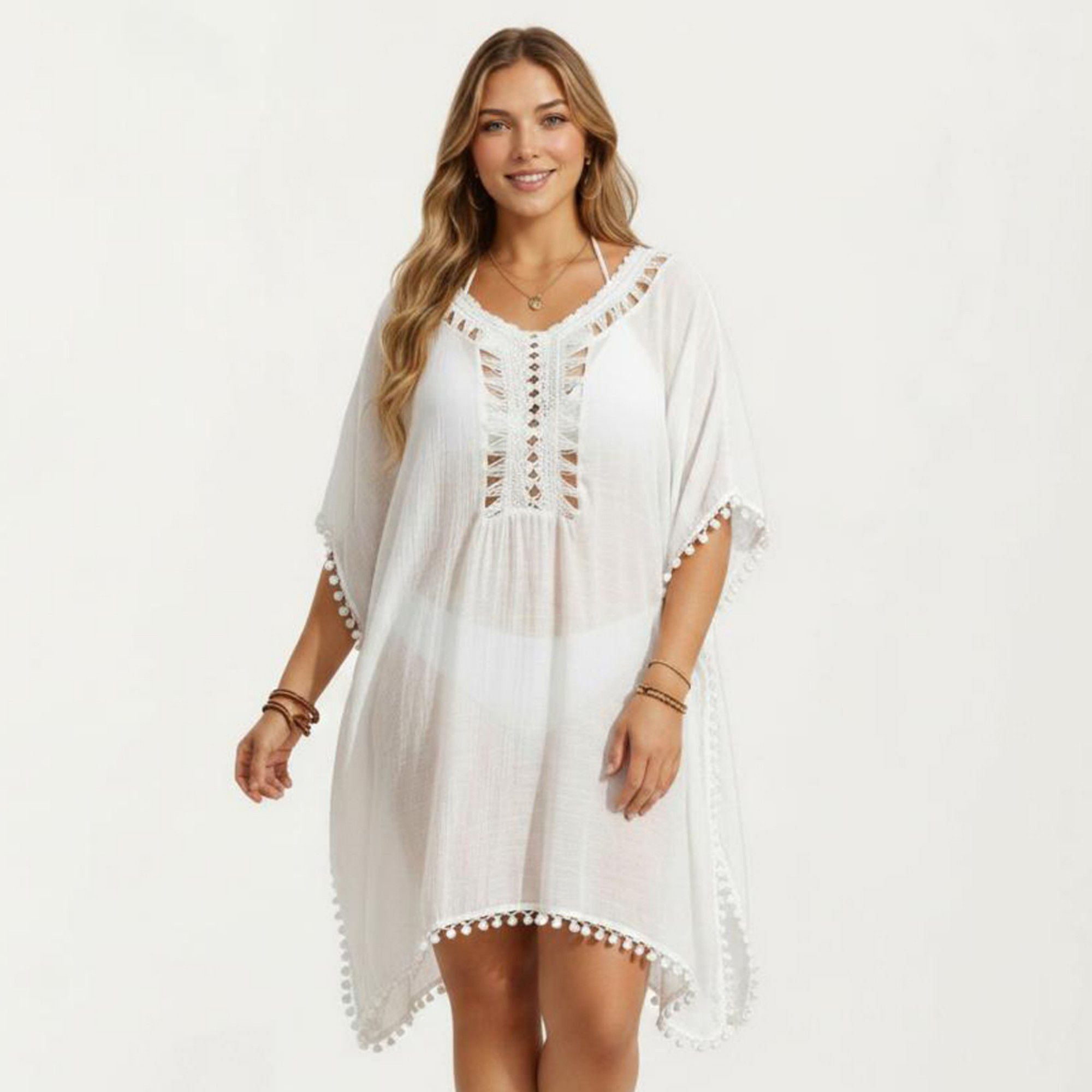 Anna-Kaci Women's Swim Cover Up Dress with Crochet Cutout Neckline Pom Trim Hem Loose Short Sleeves Relaxed Fit