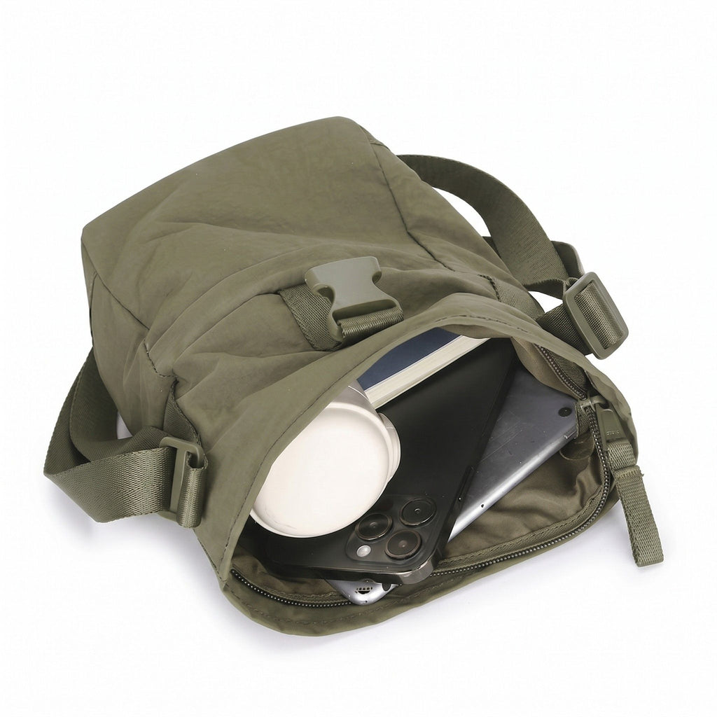 Water Resistant Nylon Crossbody Bucket Bag Adjustable Strap Multi Pocket Everyday Travel Bag