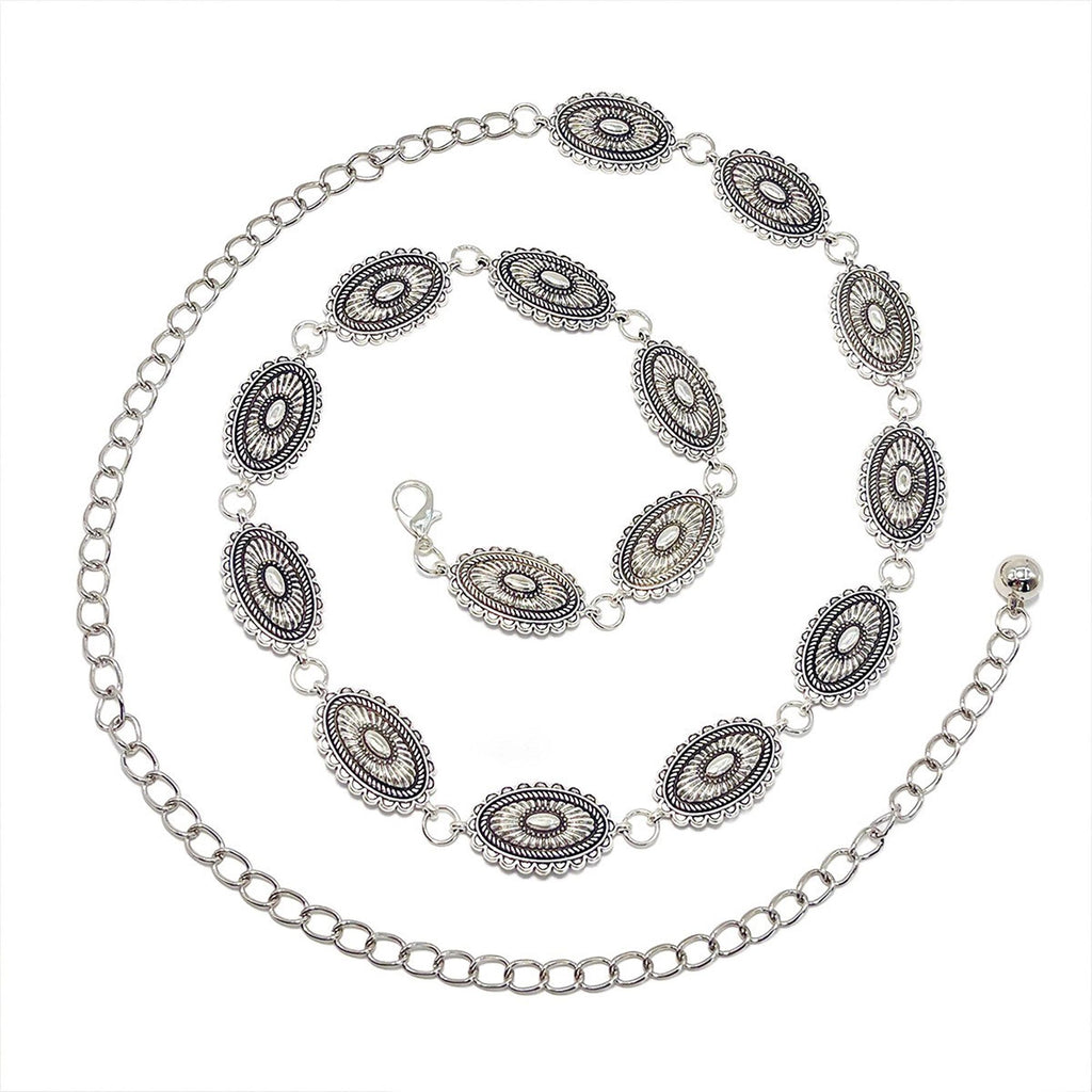 Anna-Kaci Women's Western Concho Chain Waist Belt - Oval Engraved Medallion Disc, Vintage Boho Statement Style