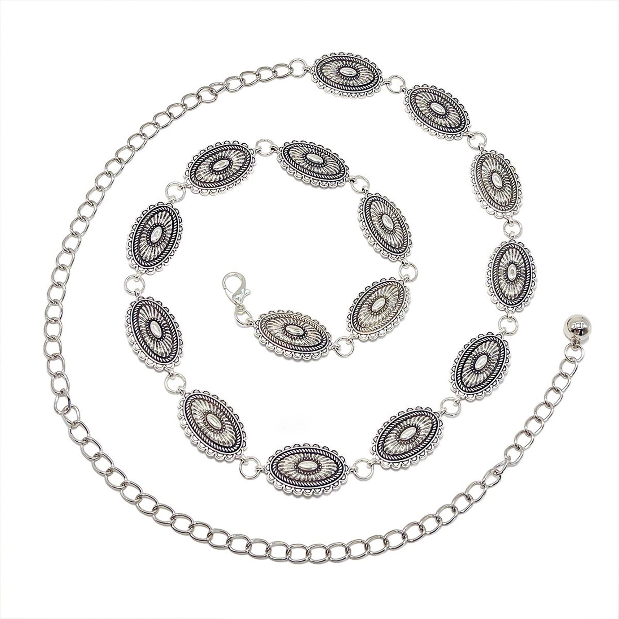 Anna-Kaci Women's Western Concho Chain Waist Belt - Oval Engraved Medallion Disc, Vintage Boho Statement Style