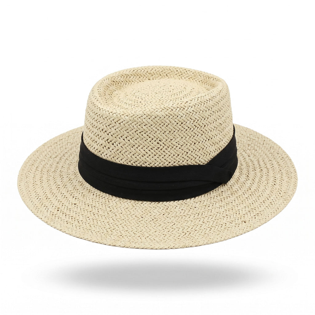Straw Boater Hat Flat Top Wide Brim Summer Beach Sun Hat Lightweight