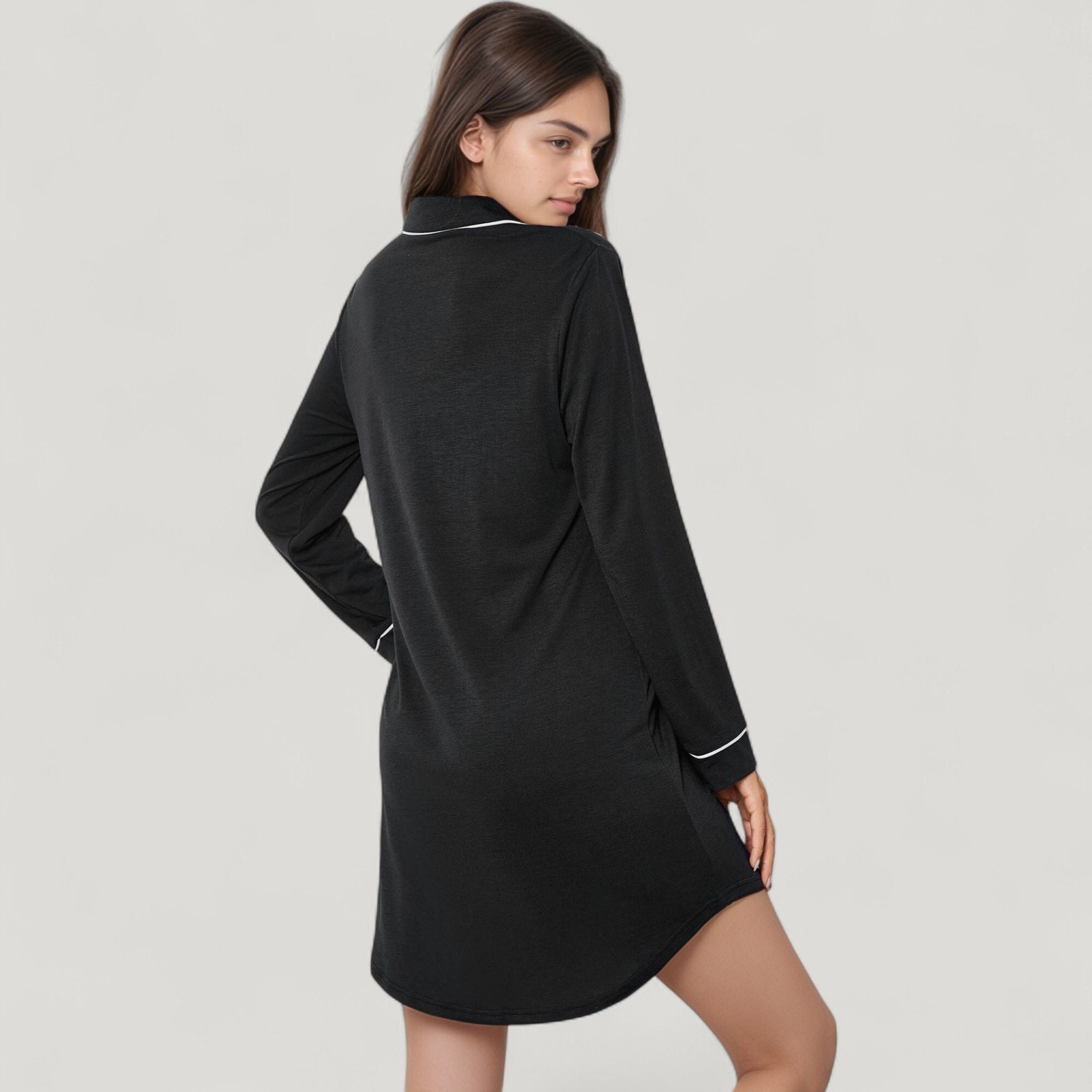 Anna-Kaci Lounge Women's Long Sleeve Button-Up Sleep Shirt with Contrast Piping Trim and Embroidered Chest Detail