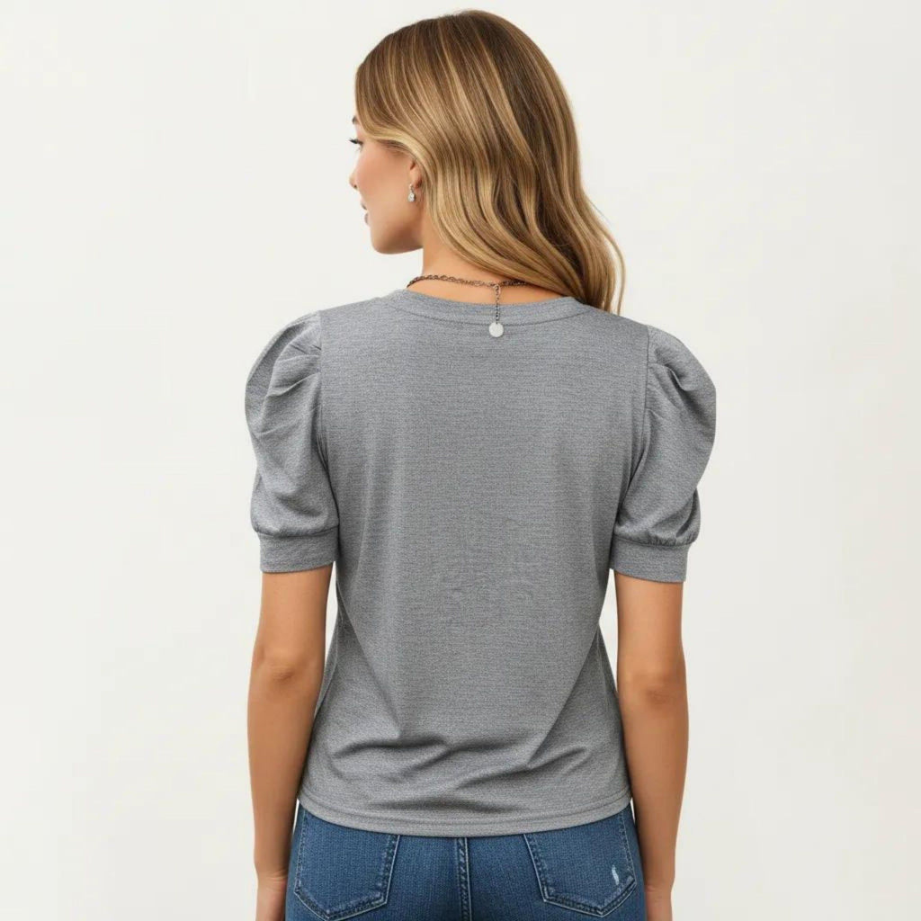 Anna-Kaci Women's Short Sleeve Puff Sleeve Knit Top with Crew Neck and Soft Textured Fabric