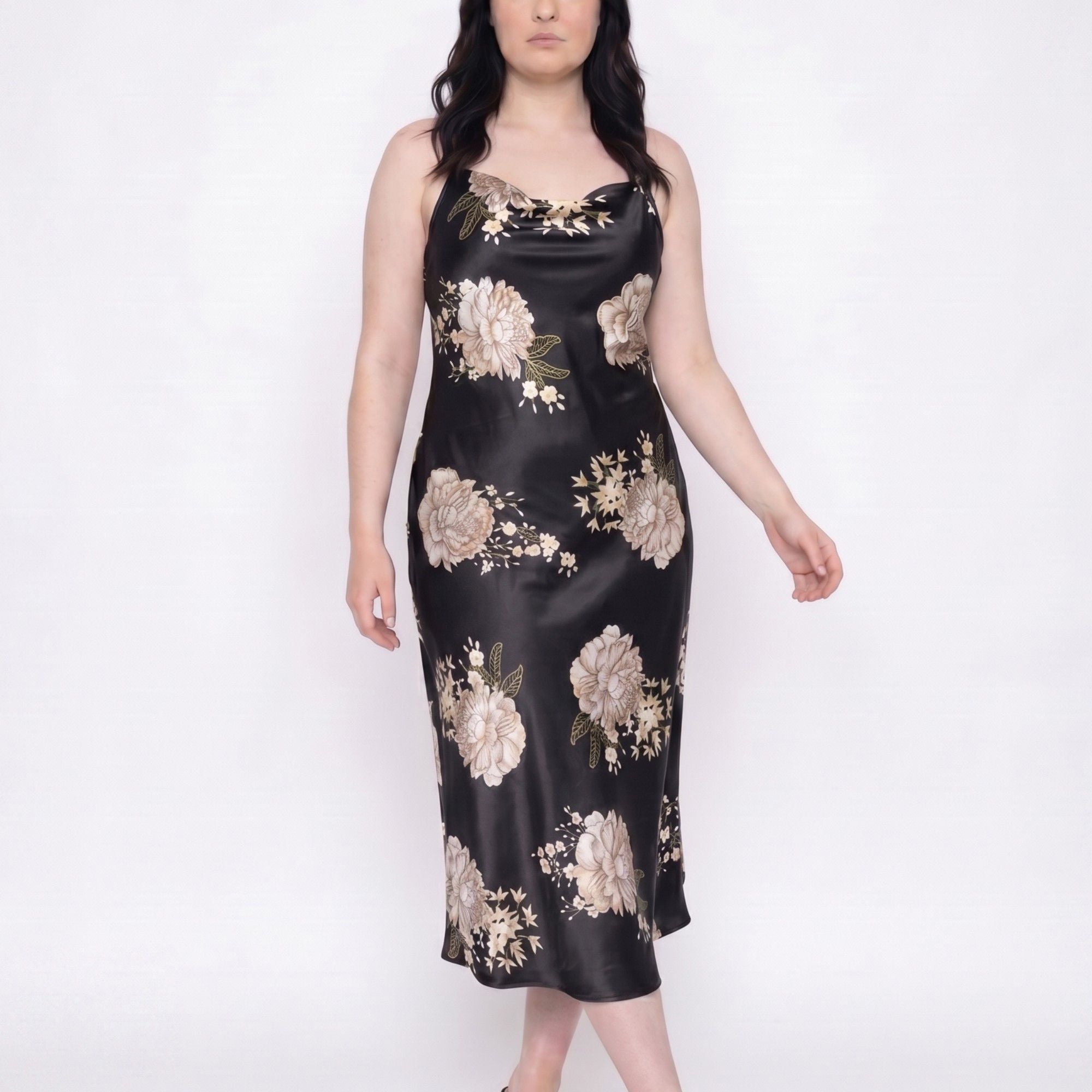 Plus Size Floral Print Satin-Like Cowl Neck Midi Nightgown with Slim Straps and Relaxed Slip Fit