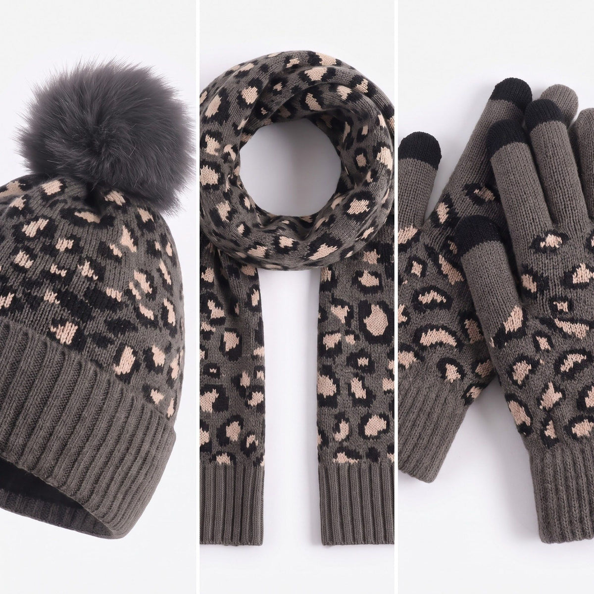 3 Piece Leopard Print Pom Beanie Scarf and Touchscreen Gloves Set