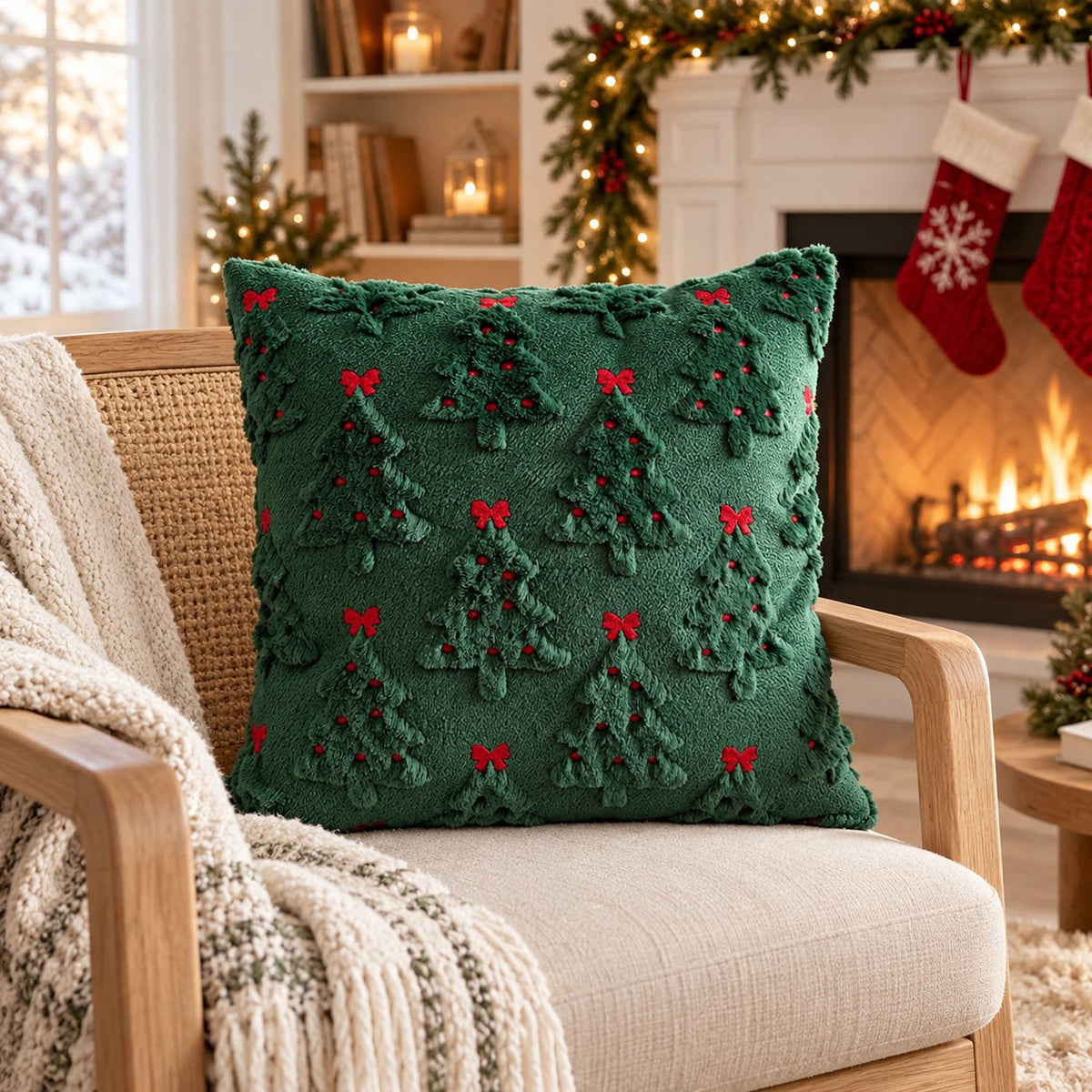 Christmas Tree Bow Tufted Decorative Throw Pillow Cover