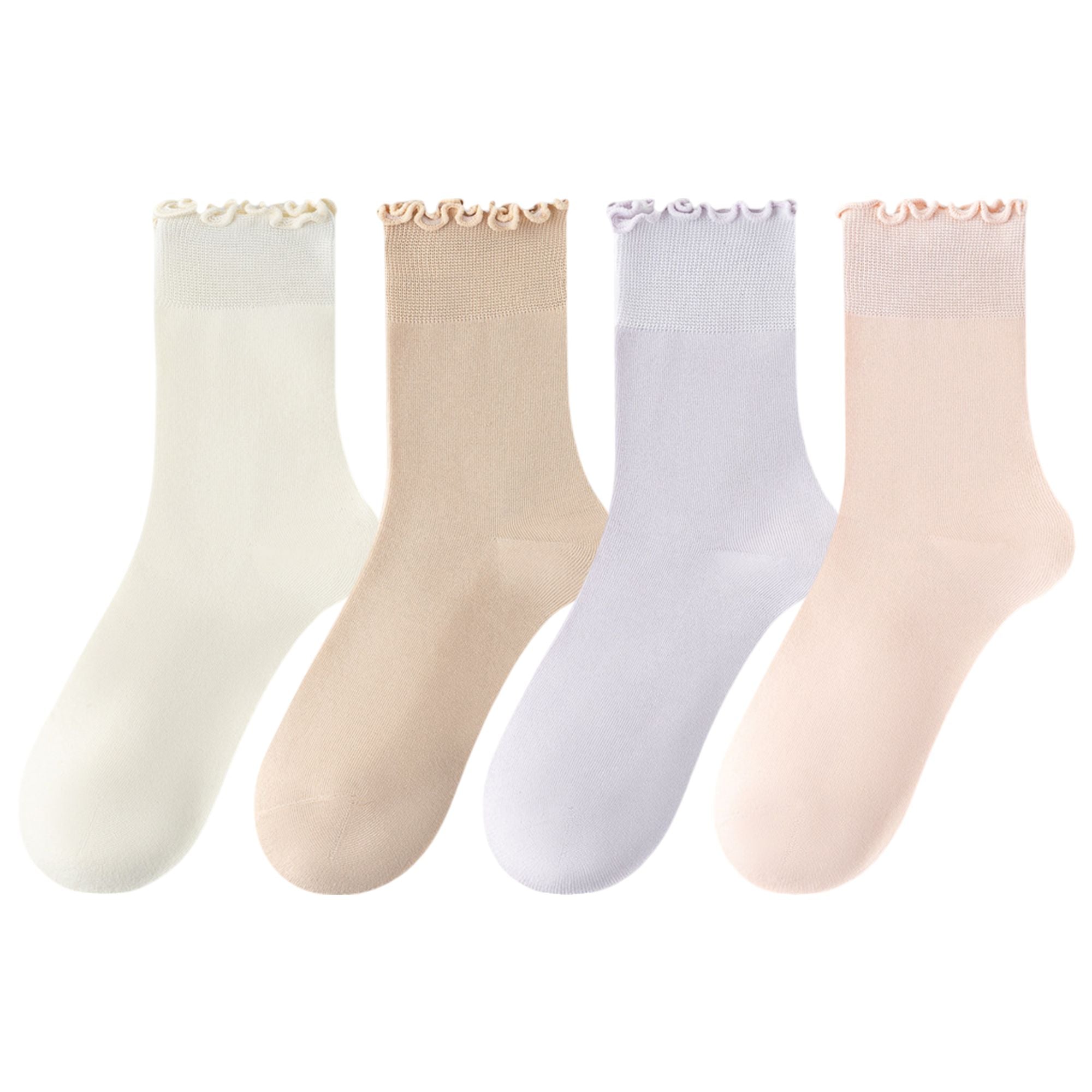 Anna-Kaci 4 Pairs Women's Ruffle Edge Crew Socks Soft Stretch Cotton Blend with High Elastic Cuffs in Assorted Solid Colors