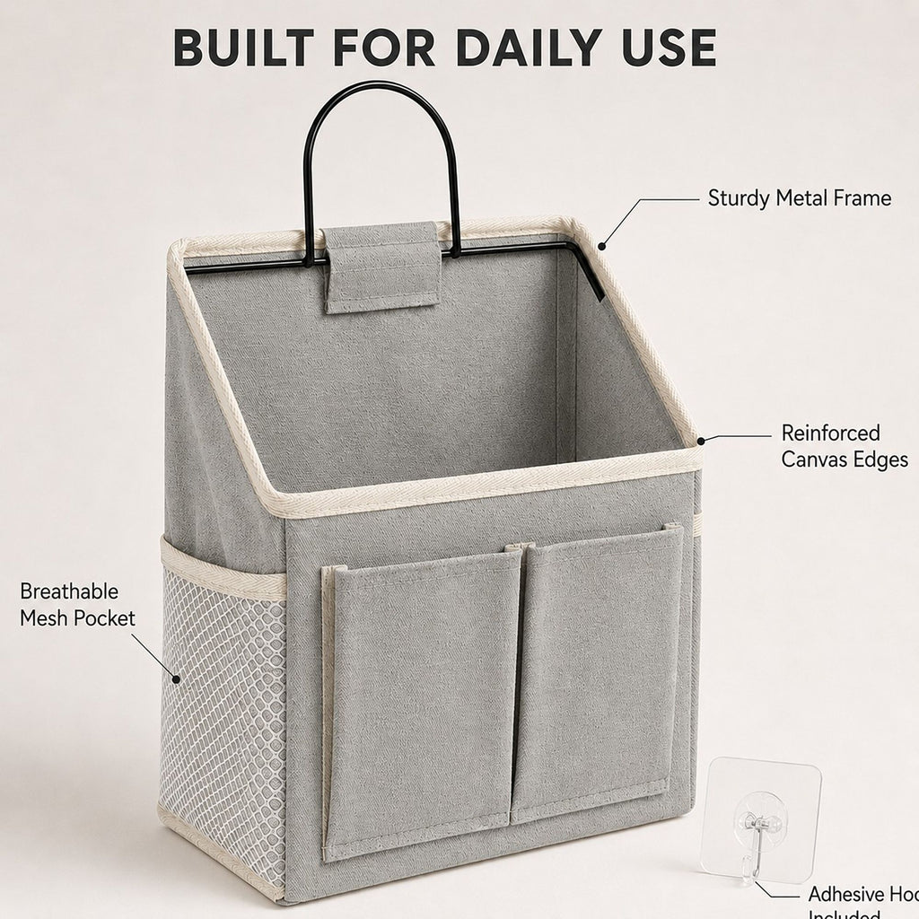 Hanging Bedside Storage Caddy with Metal Frame and Multiple Pockets Bed Rail Organizer
