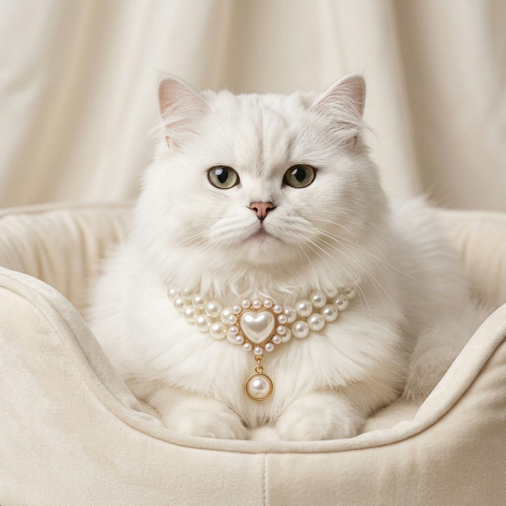 Double Strand Faux Pearl Pet Necklace Heart Gem Pendant Adjustable Collar Jewelry for Cats and Small Dogs
