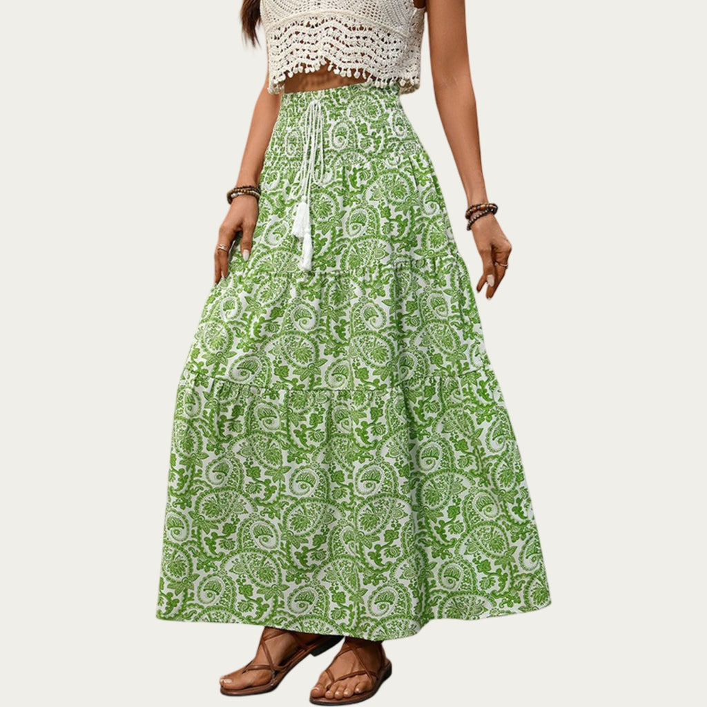 Anna-Kaci Women's High Waist Tiered Maxi Skirt with Paisley Print Drawstring Waist Tassel Tie Flowy A-Line Fit