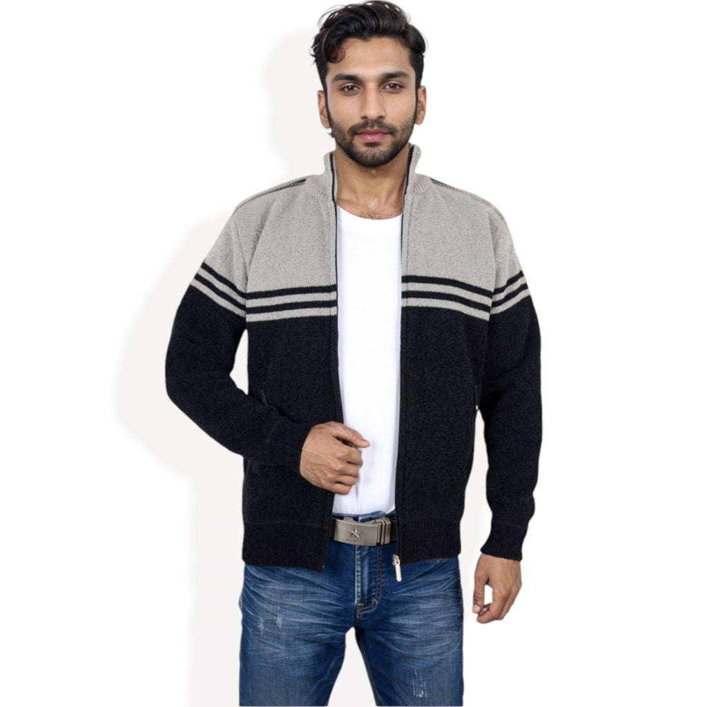 Anna-Kaci Men's Zip-Up Striped Fleece Jacket with High Collar and Front Pockets