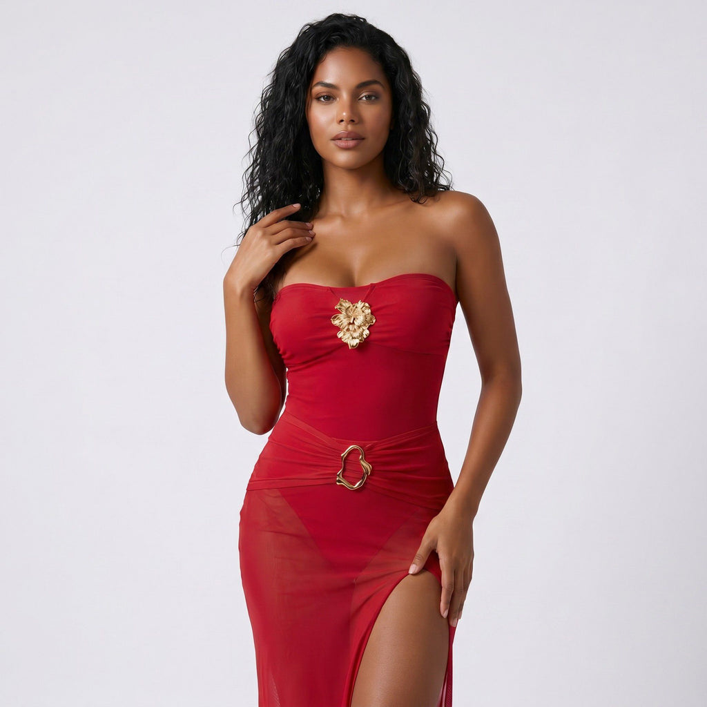 Anna-Kaci Swim Women's 2-Piece Strapless One Piece Swimsuit with Sheer Wrap Skirt