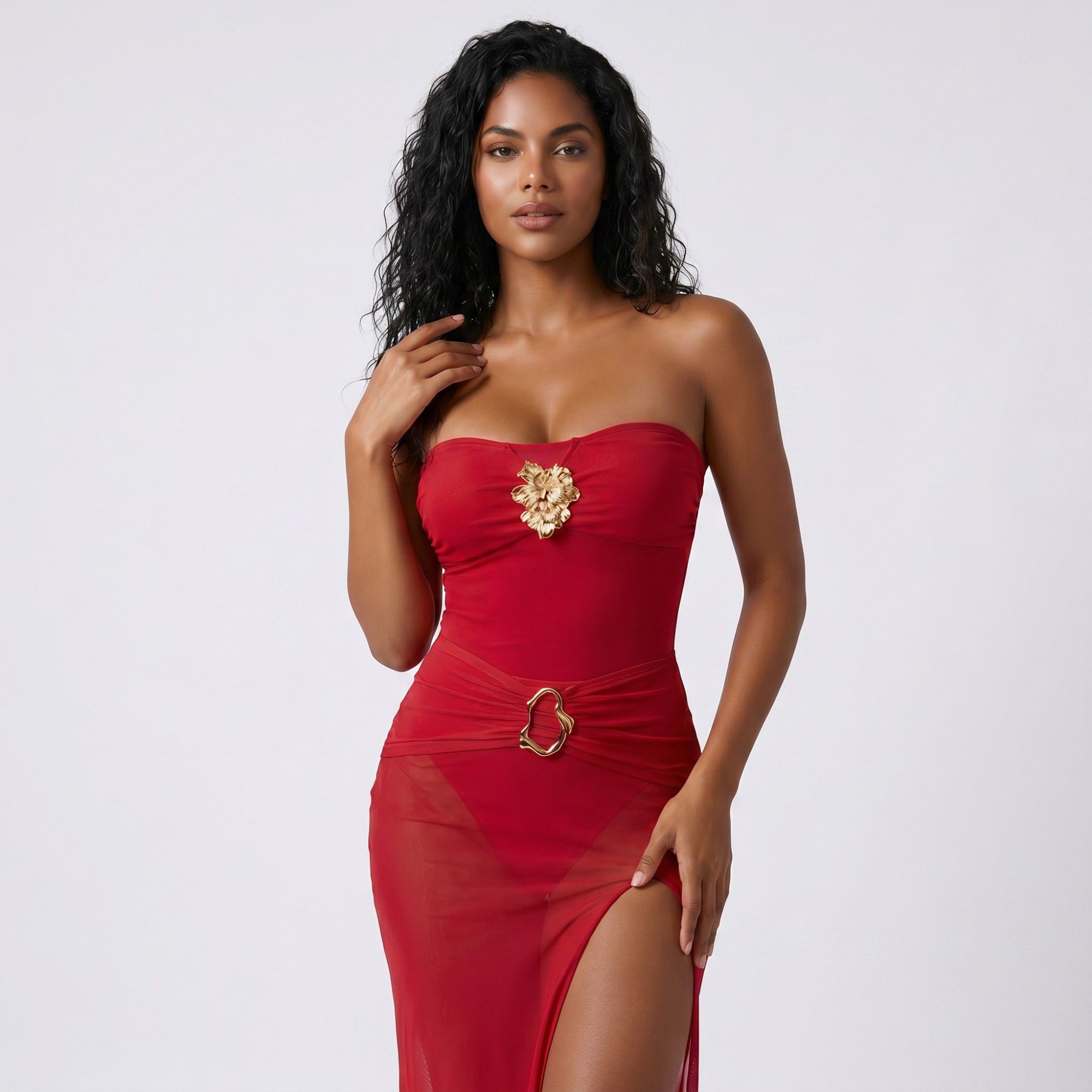 Anna-Kaci Swim Women's 2-Piece Strapless One Piece Swimsuit with Sheer Wrap Skirt