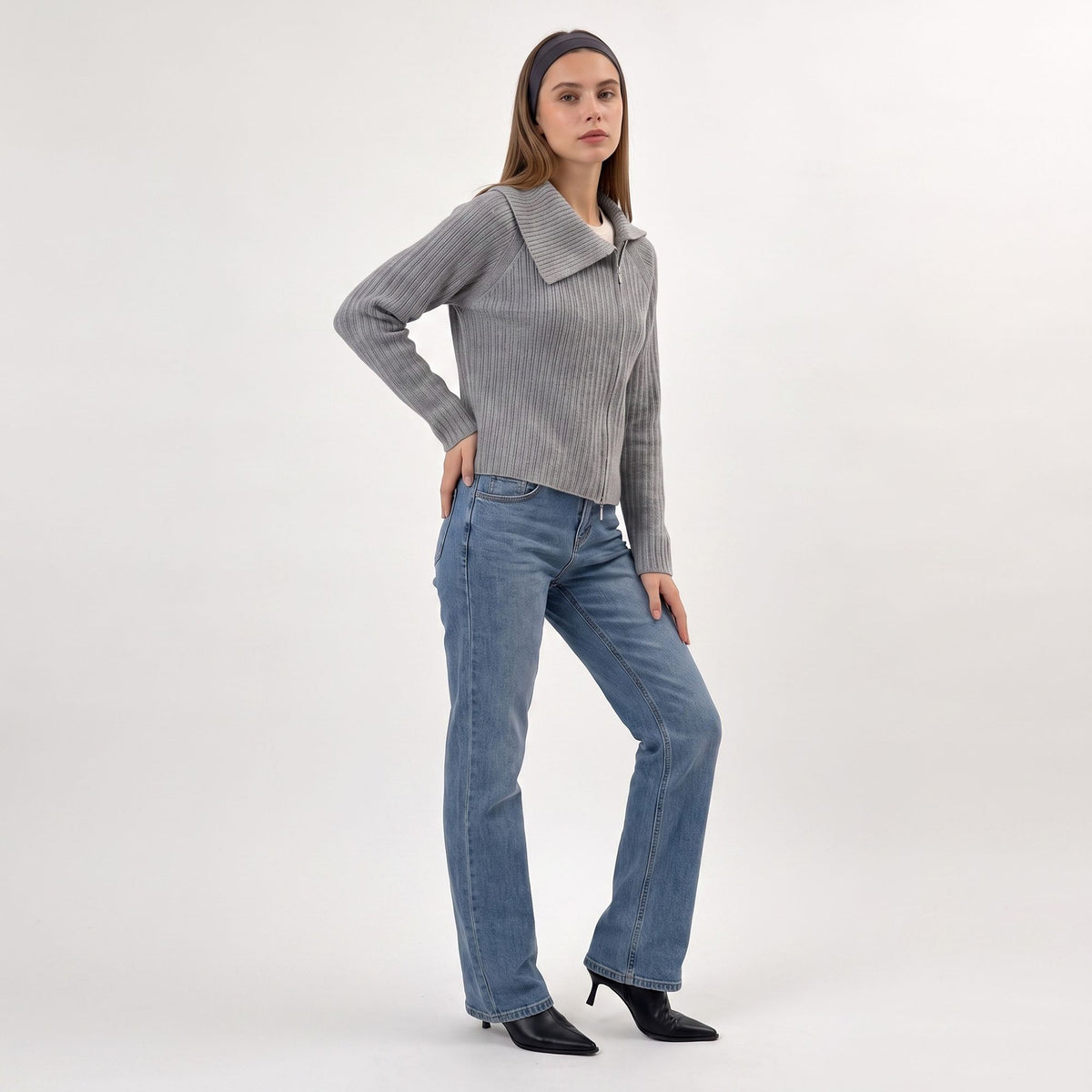 Ribbed Wide Collar Zip-Front Cardigan Sweater