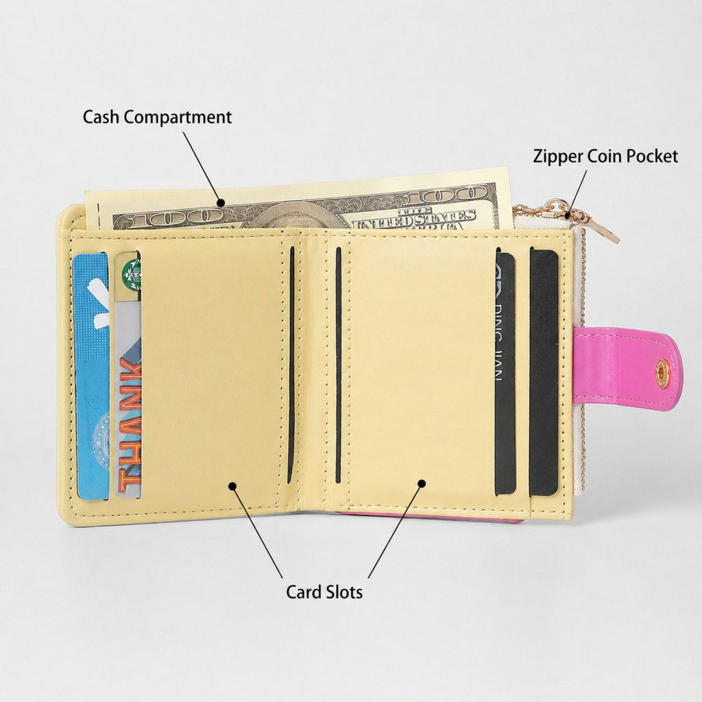 Compact Dachshund Print Bifold Wallet with Zipper Coin Pocket, Card Slots, Snap Closure and Bone Charm