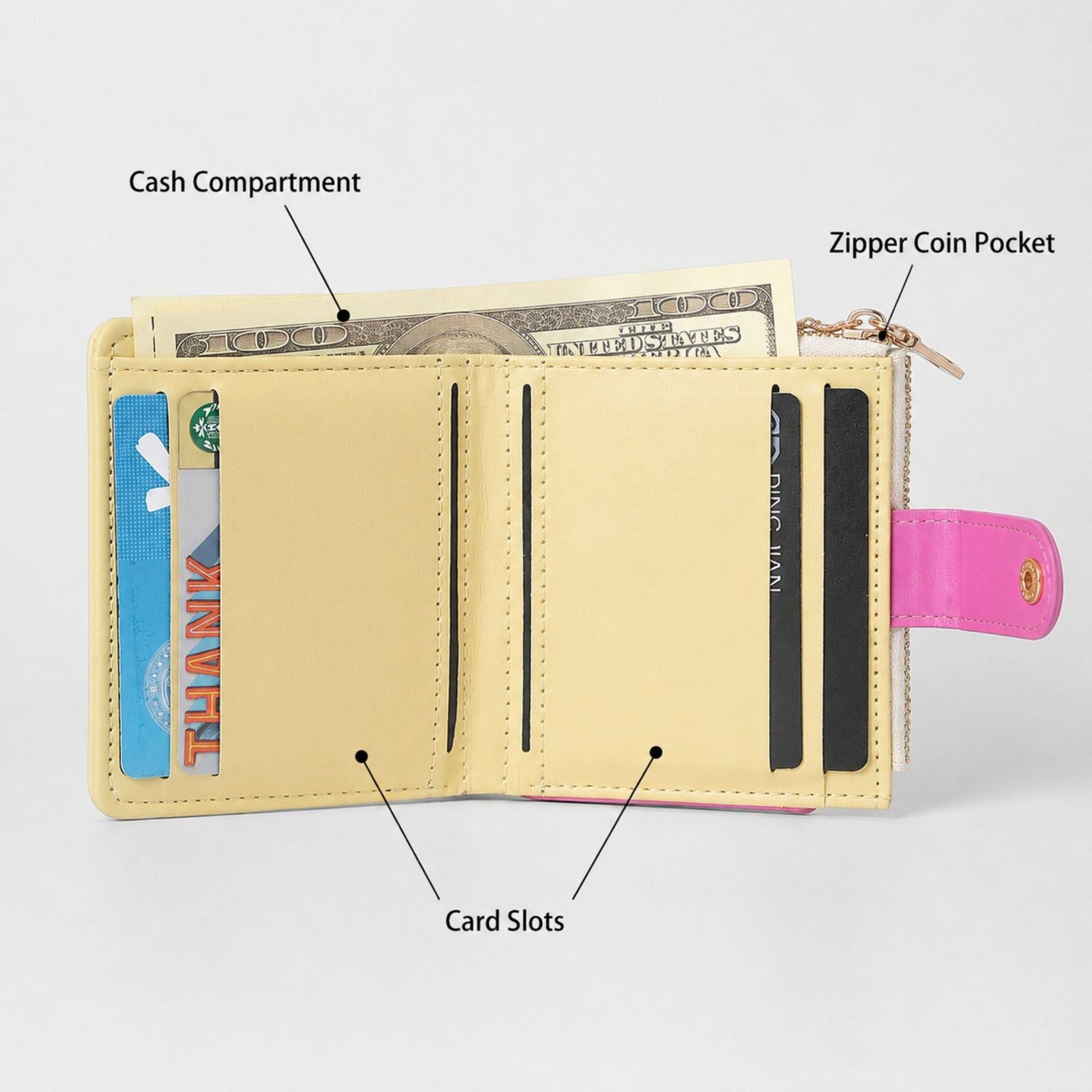 Compact Dachshund Print Bifold Wallet with Zipper Coin Pocket, Card Slots, Snap Closure and Bone Charm
