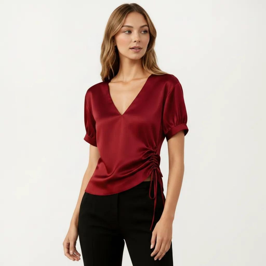 Anna-Kaci Women's Satin V Neck Blouse with Puff Sleeves and Side Ruched Drawstring
