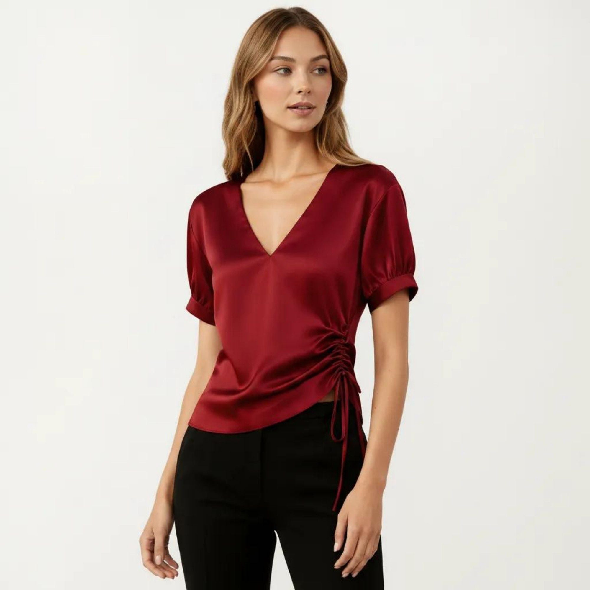 Anna-Kaci Women's Satin V Neck Blouse with Puff Sleeves and Side Ruched Drawstring