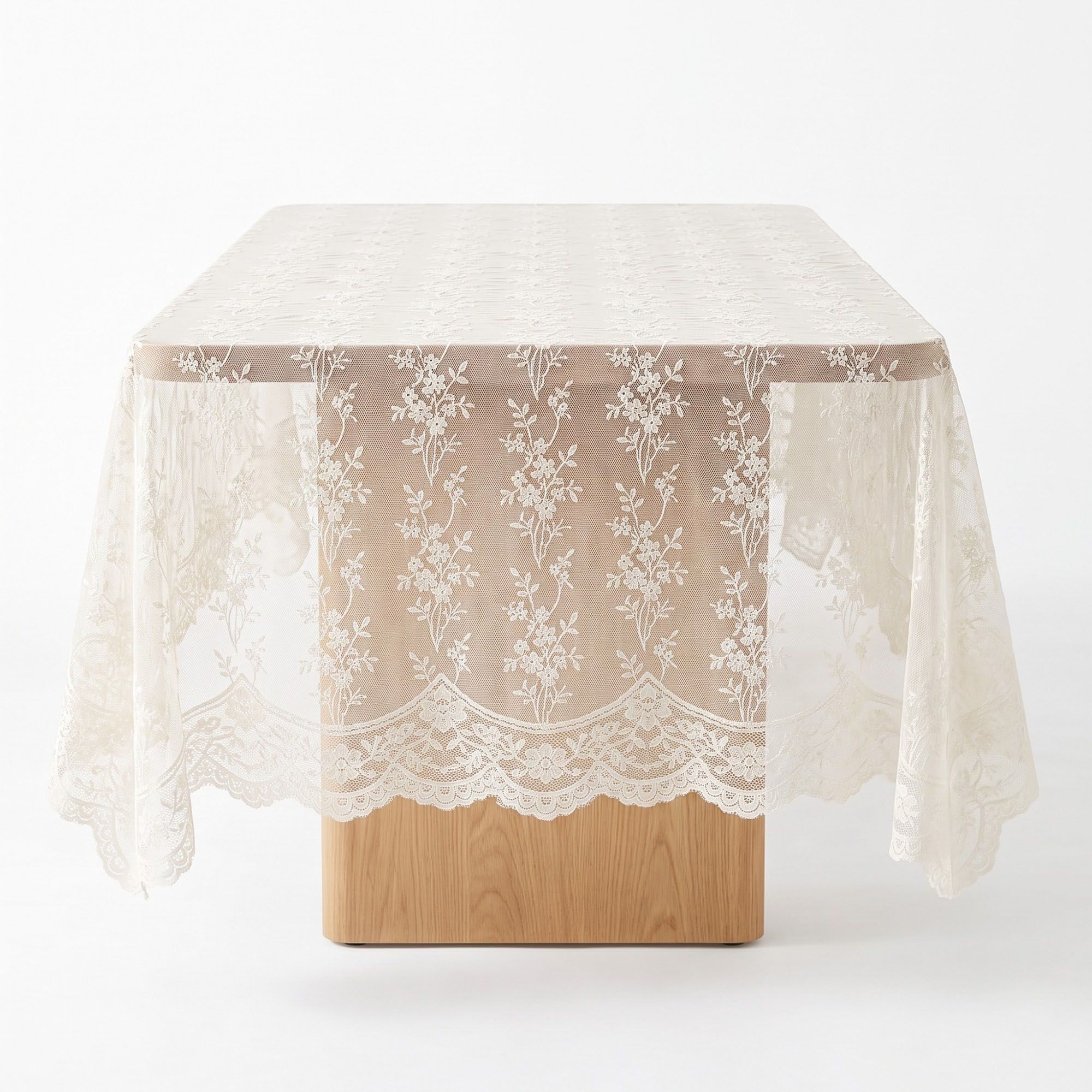 Off White Floral Lace Square Tablecloth with Scalloped Edges 55.1x55.1in
