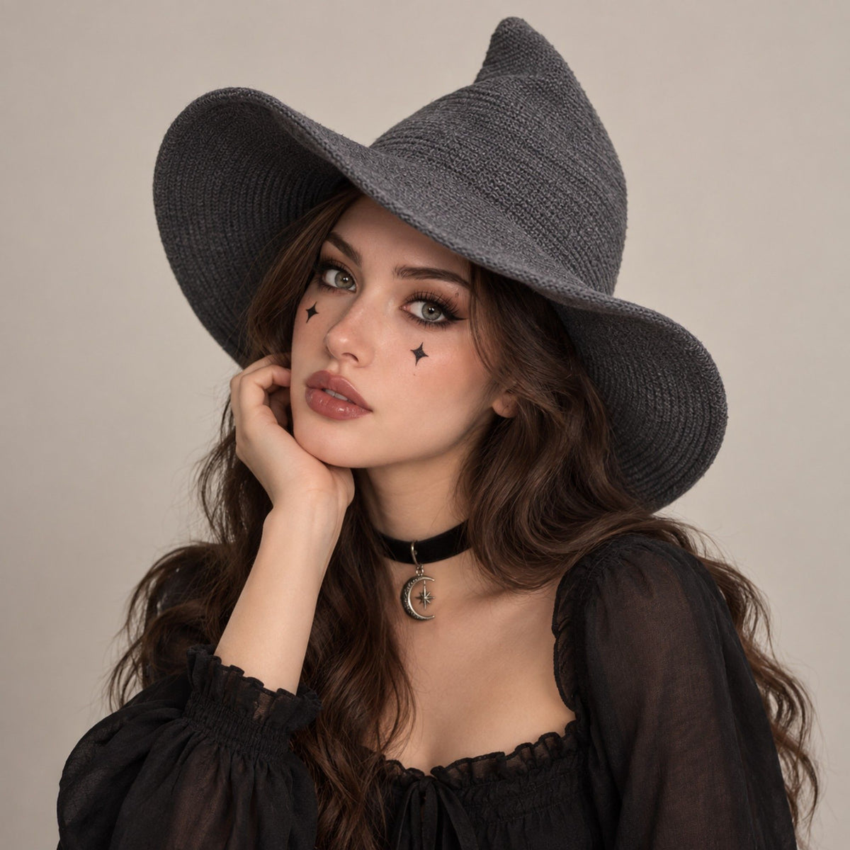 Pointed Knit Witch Hat with Wide Floppy Brim for Halloween
