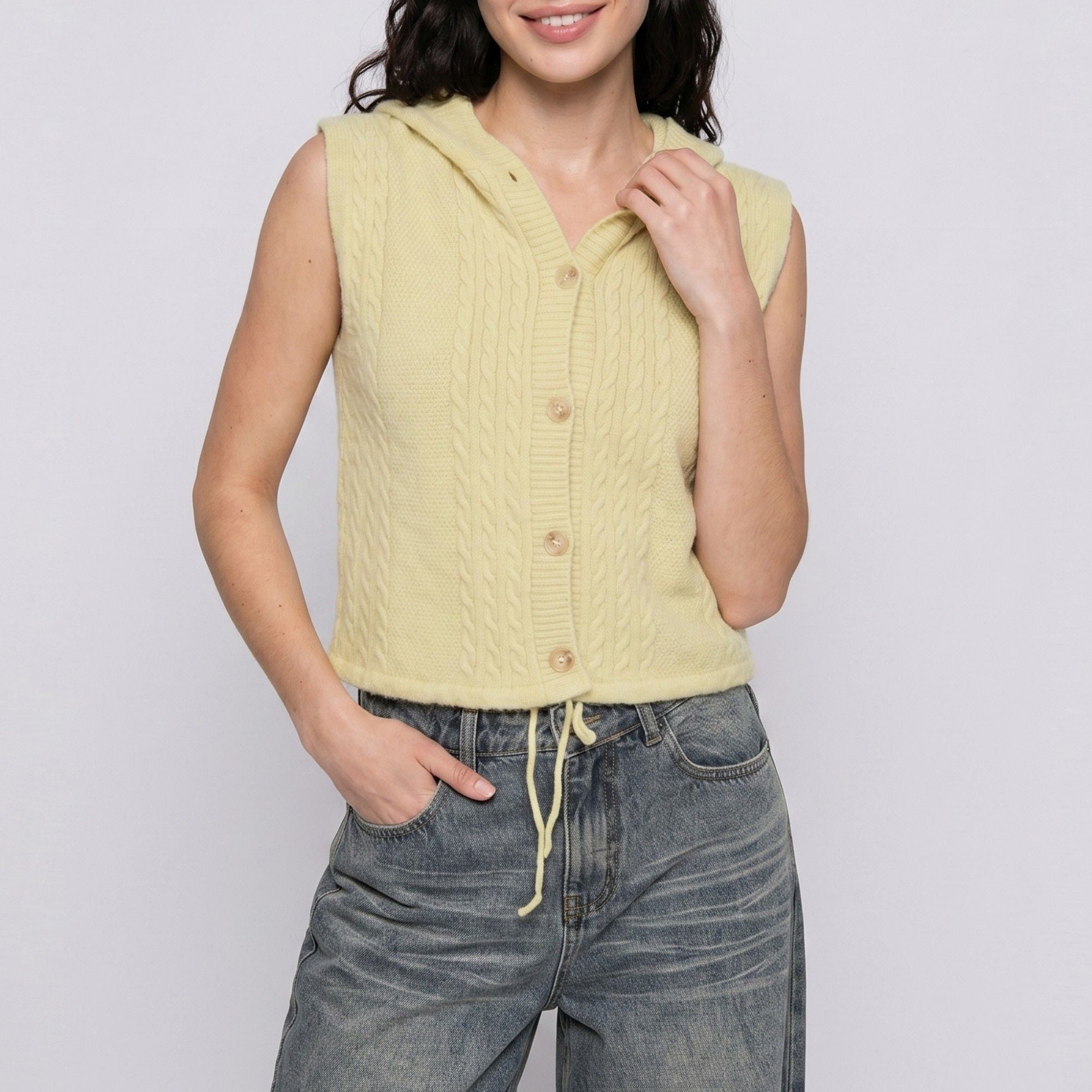 Anna-Kaci Women's Sleeveless Hooded Cable Knit Sweater Vest Top with Button Front and Adjustable Drawstring Hem