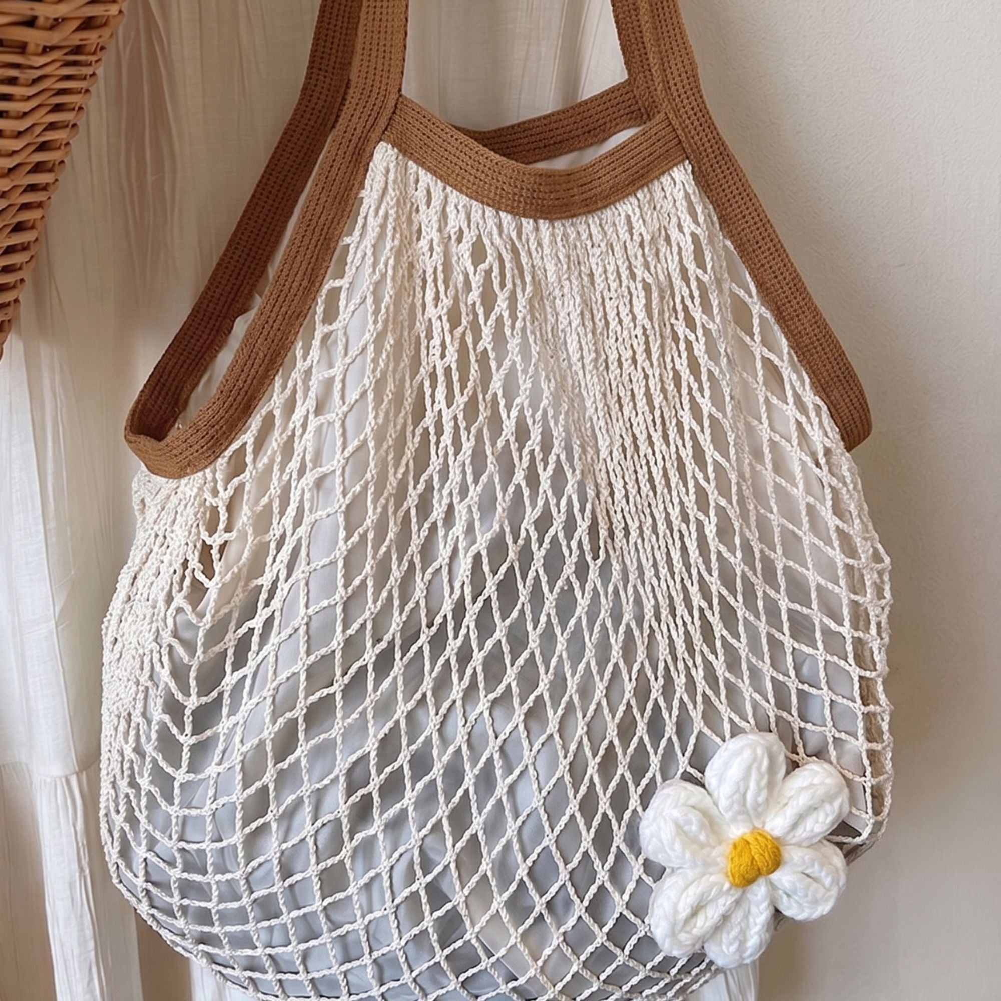 Crochet Style Net Tote Bag with Daisy Accent and Shoulder Straps