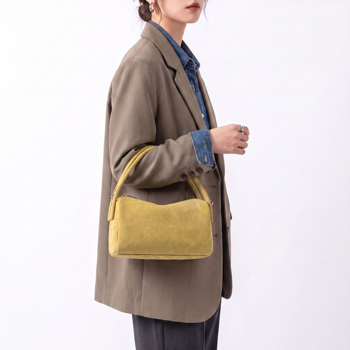 Faux Suede Handbag with Detachable Crossbody Strap and Zipper Closure