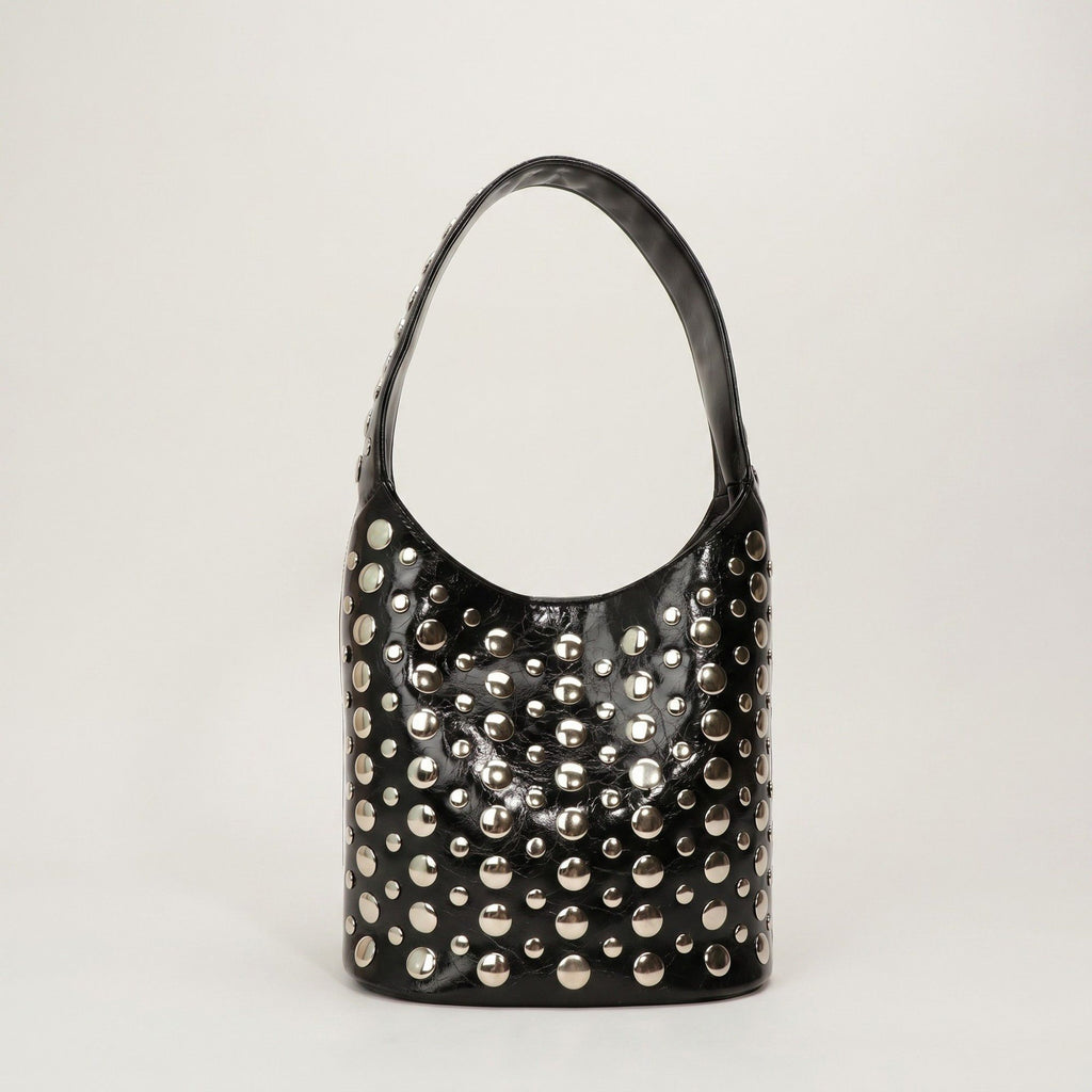 Studded Bucket Shoulder Bag with Glossy Finish Wide Strap Structured Silhouette Fashion Handbag 9.5x8.5x5 in