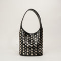 Studded Bucket Shoulder Bag with Glossy Finish Wide Strap Structured Silhouette Fashion Handbag 9.5x8.5x5 in