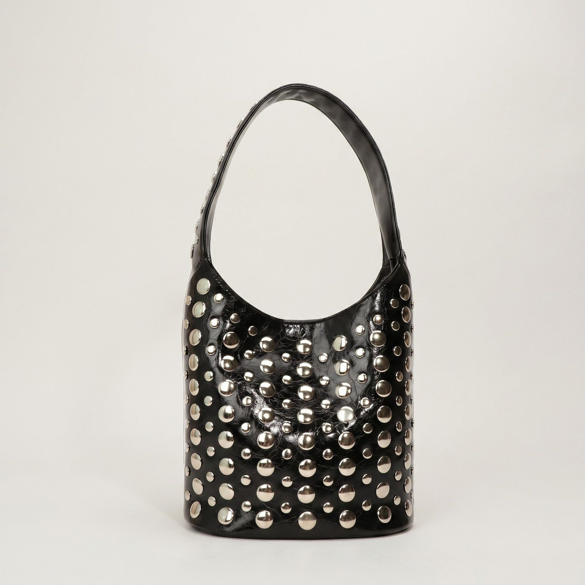 Studded Bucket Shoulder Bag with Glossy Finish Wide Strap Structured Silhouette Fashion Handbag 9.5x8.5x5 in