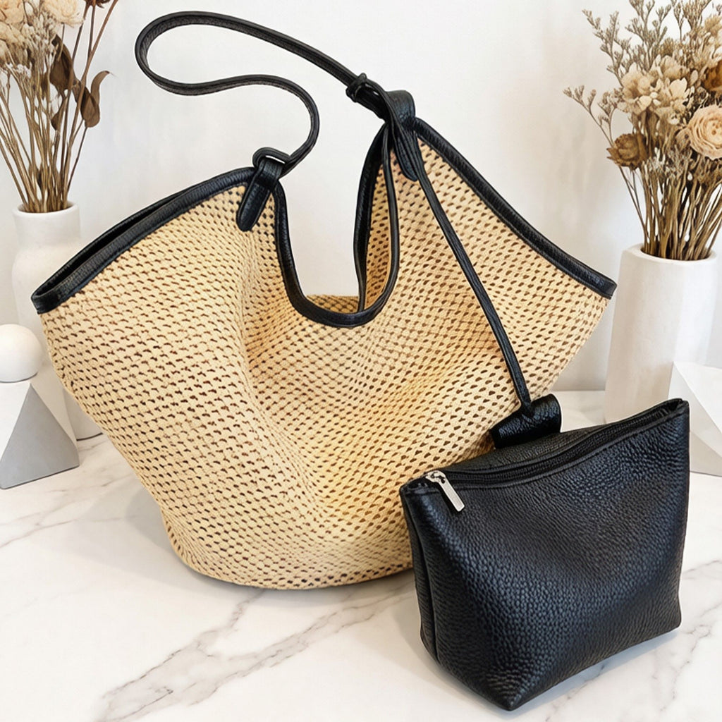 Woven Shoulder Bag with Faux Leather Trim Slouchy Hobo Handbag Lightweight Large Capacity Tote