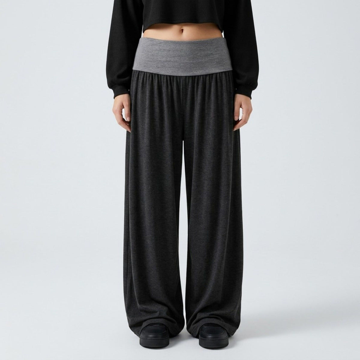 Contrast Foldover Waistband Full-Length Wide-Leg Trousers