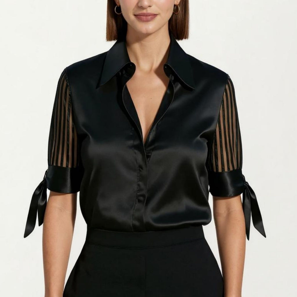 Anna-Kaci Women's Satin Collared Blouse with Sheer Stripe Sleeves and Bow Tie Cuffs