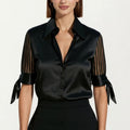Anna-Kaci Women's Satin Collared Blouse with Sheer Stripe Sleeves and Bow Tie Cuffs