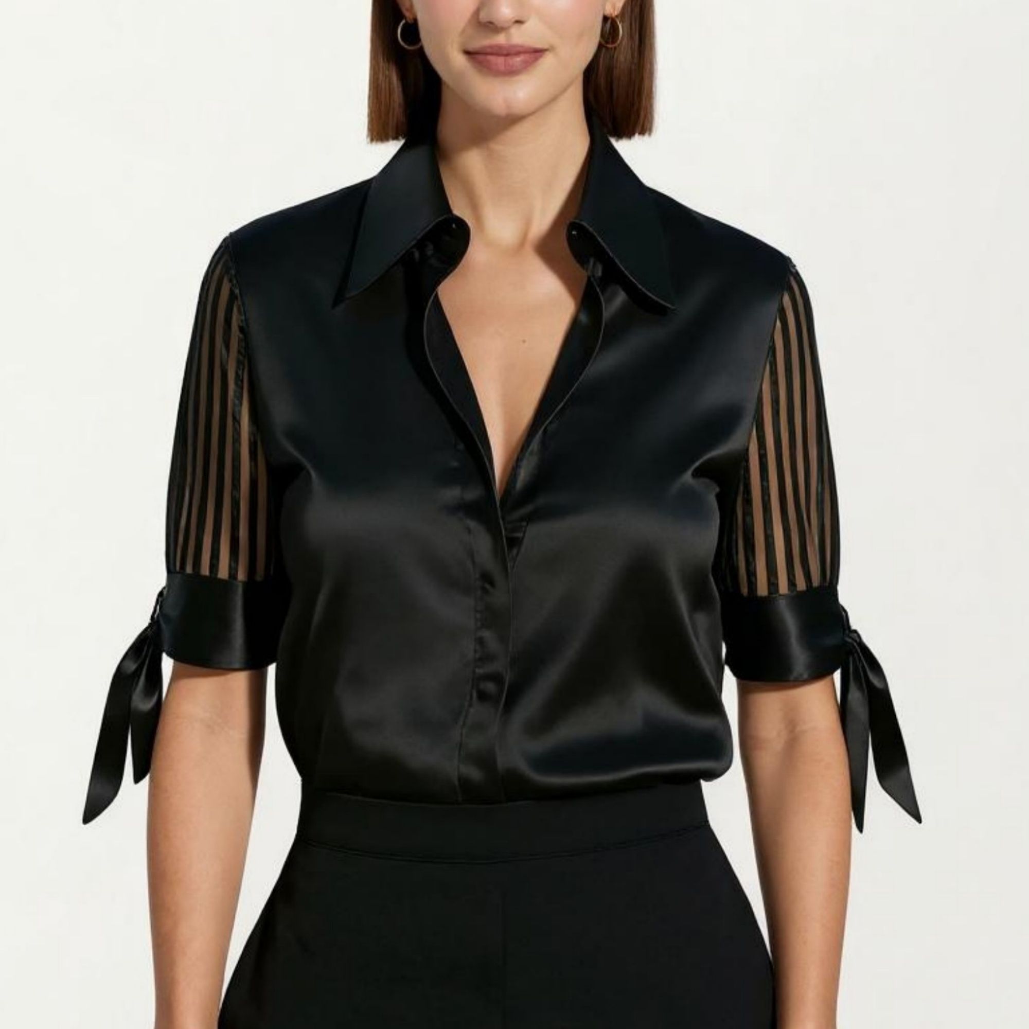 Anna-Kaci Women's Satin Collared Blouse with Sheer Stripe Sleeves and Bow Tie Cuffs