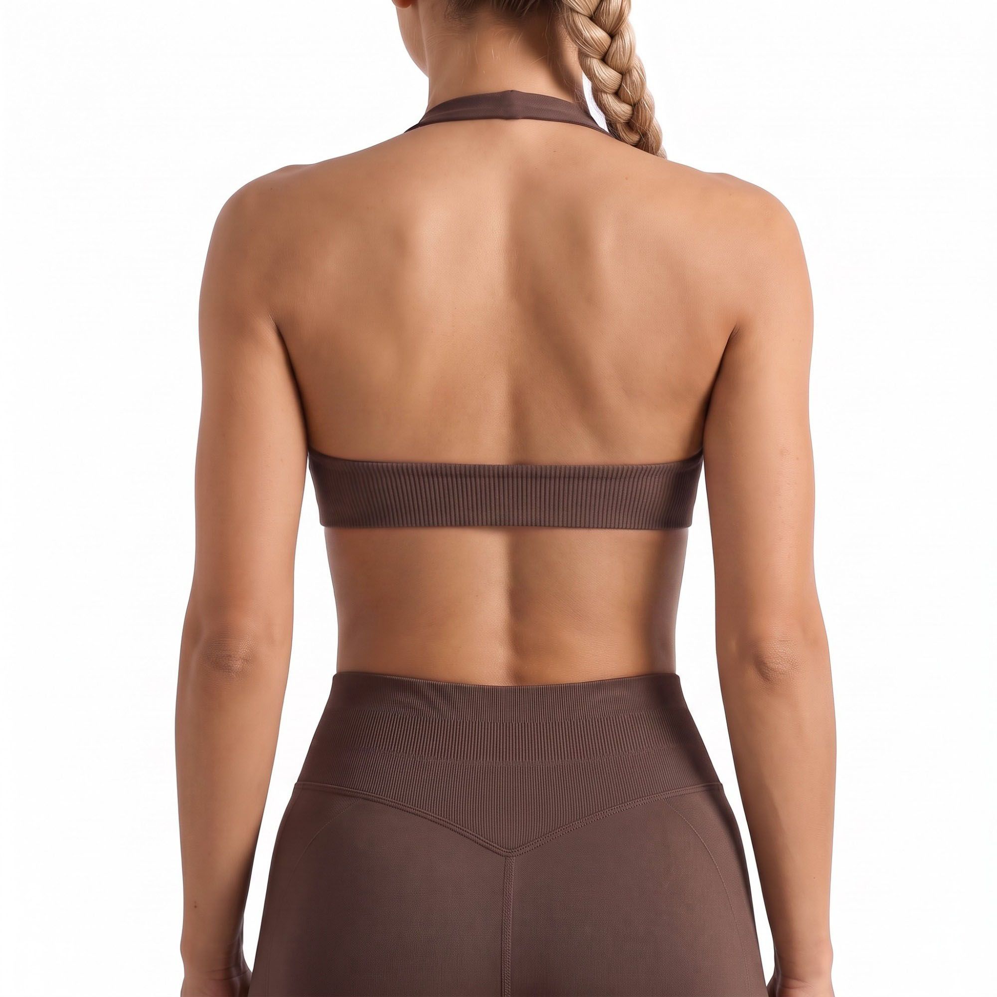 Seamless Halter Sports Bra with Ribbed Underband Open Back Workout Top for Athleisure