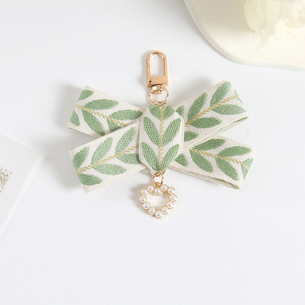 Pearl Beaded Keychain with Fabric Bow and Leaf Pattern Ribbon Charm