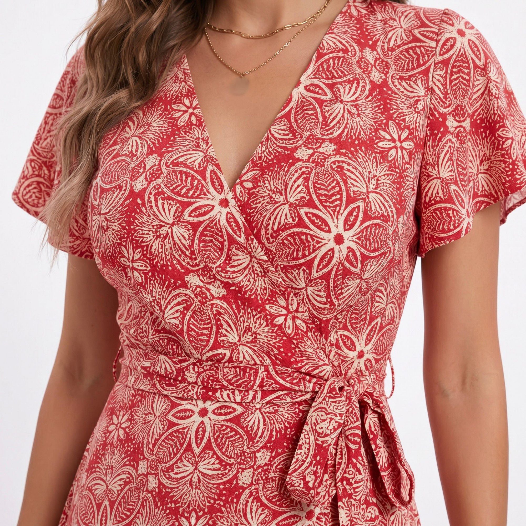 Floral Print Wrap Maxi Dress with V Neck Short Flutter Sleeves Tie Waist and Front Slit