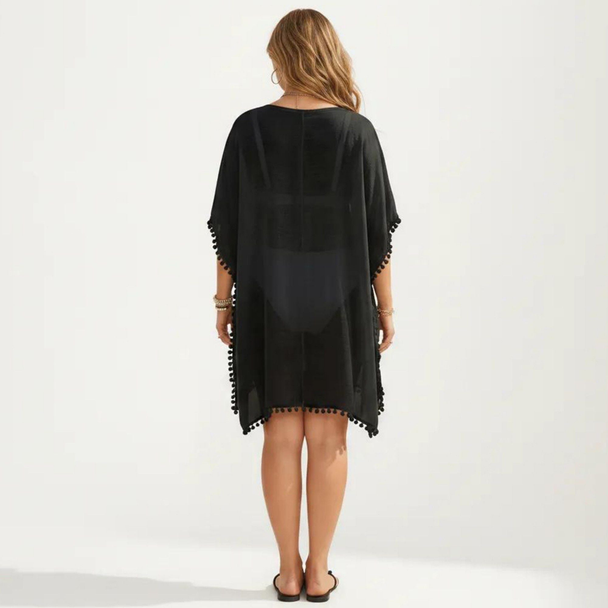 Anna-Kaci Women's Swim Cover Up Dress with Crochet Cutout Neckline Pom Trim Hem Loose Short Sleeves Relaxed Fit