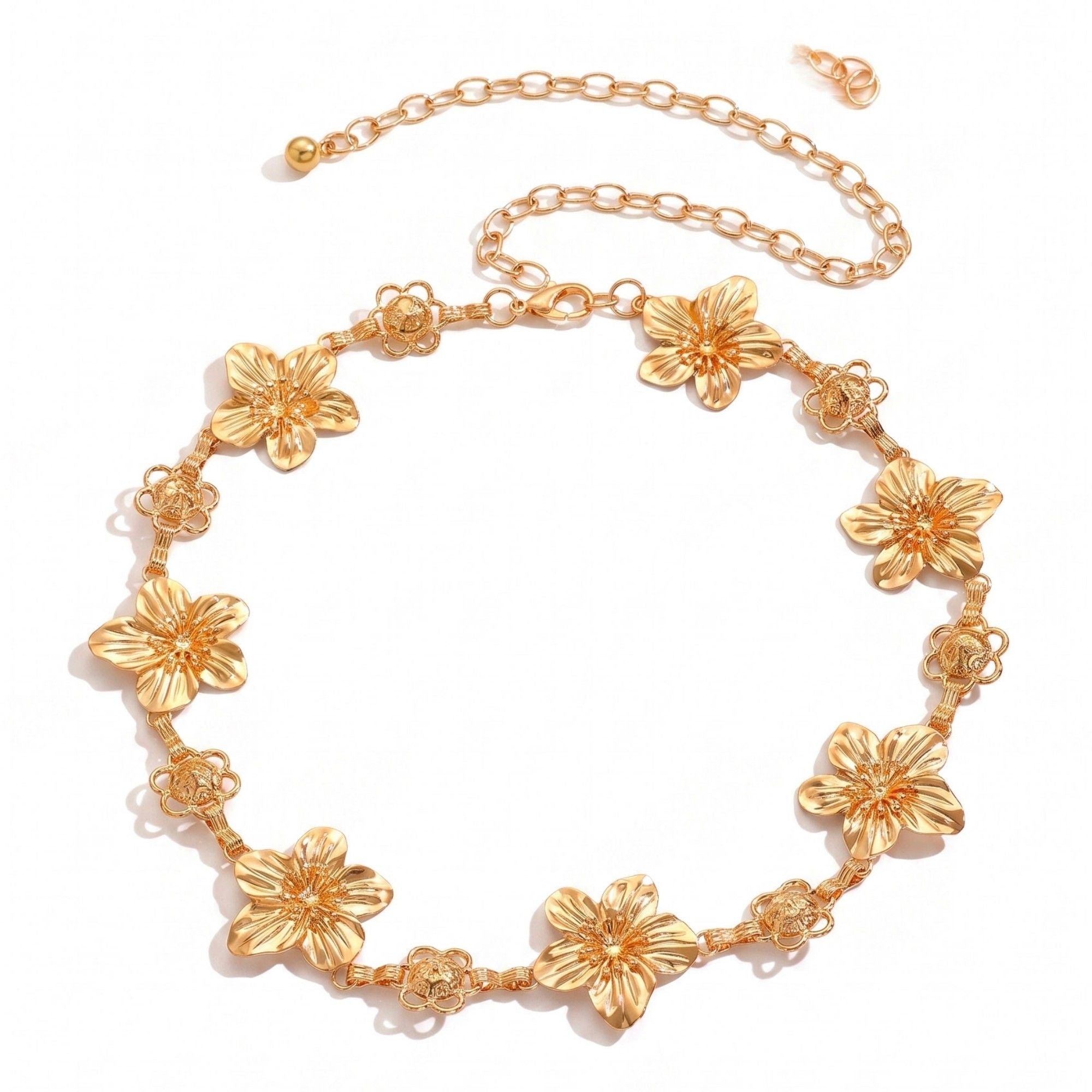 Multi Floral Metal Waist Chain Adjustable Botanical Statement Waist Jewelry 43.3in